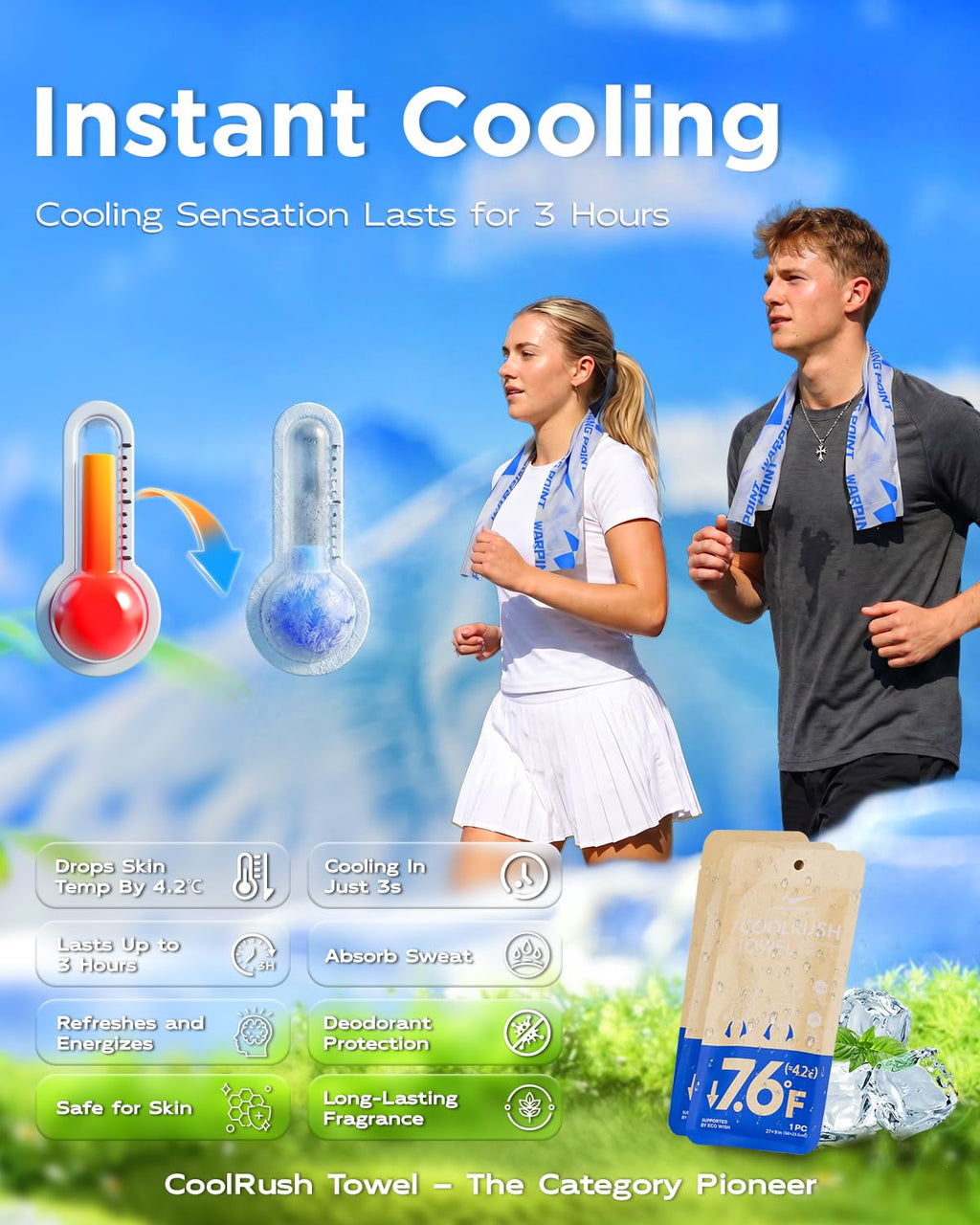 CoolRush Towel for Body–10 Pack Individually Wrapped Cooling Wipes | Instant Cooling Neck Wrap, Alcohol-Free Sweat Cooling Towel for Adults | Reusable, Travel, Gym, Music Festival, Camping Essentials