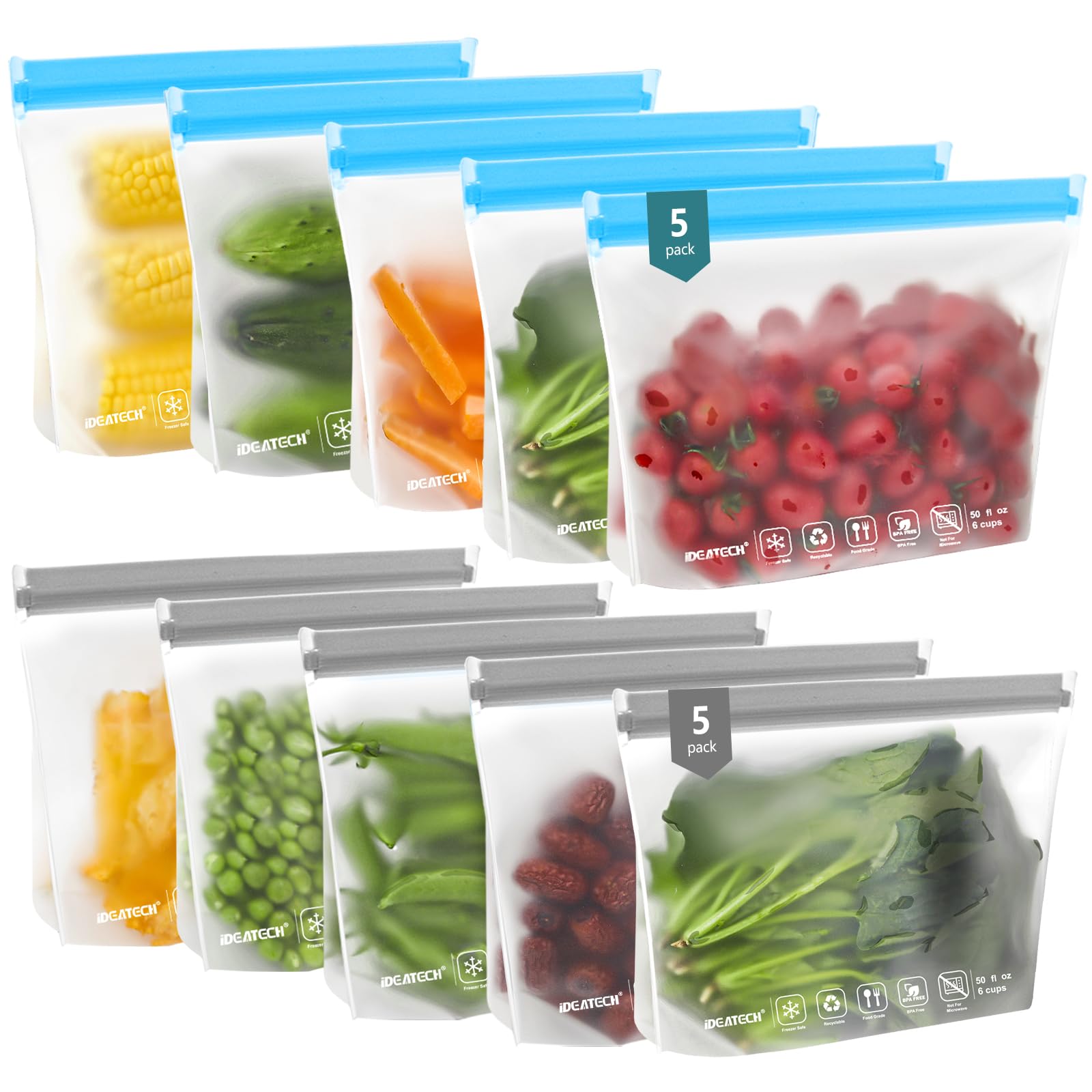 IDEATECH 20Pack Reusable Bags Dishwasher Safe, Leakproof Reusable Freezer Bags, BPA Free Healthy Food Storage Contaizers Sandwich Snack Baggies for Lunch Travel(8 Gallon 6 Quart 6 Snack,Colored)