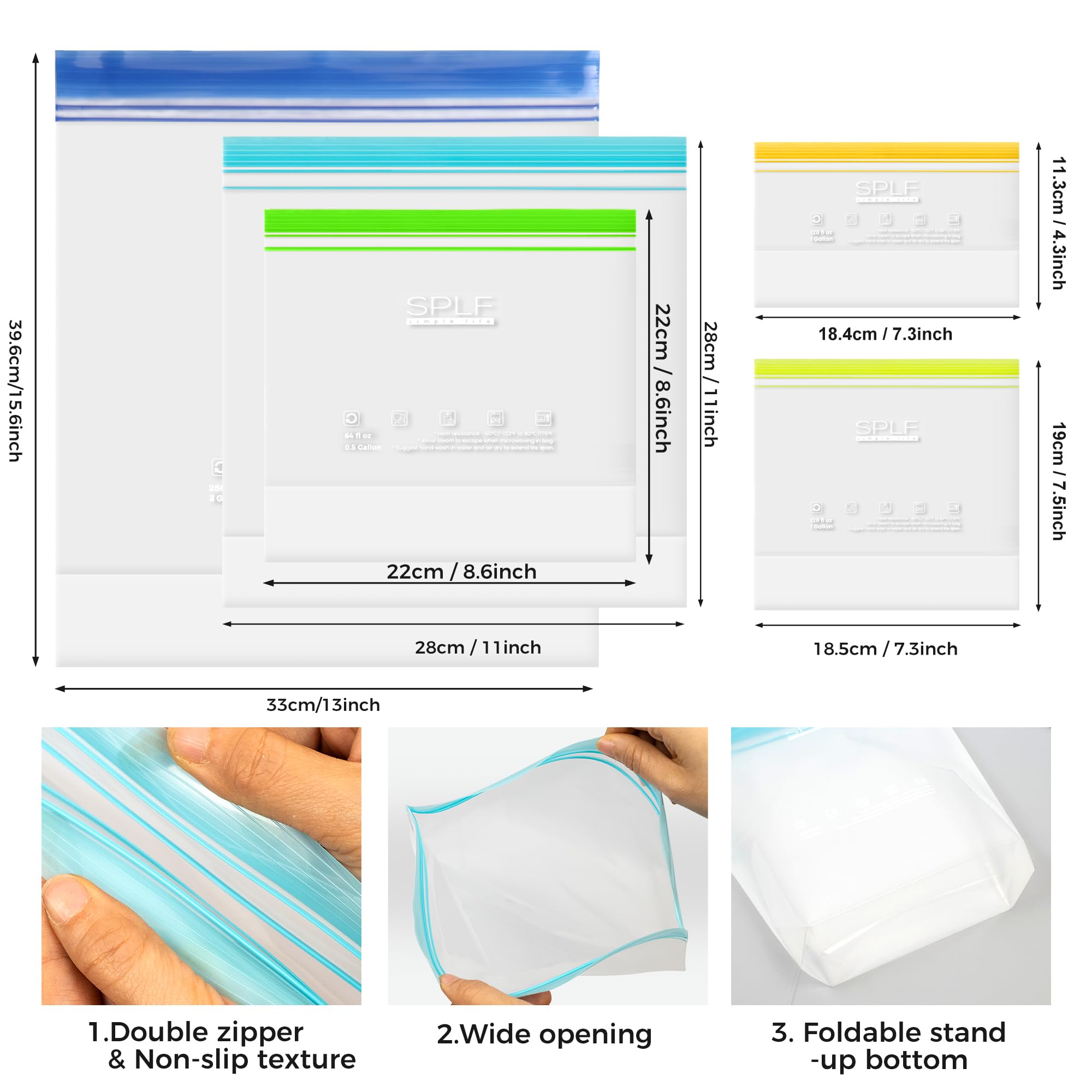 SPLF 12 Pack Reusable Gallon Freezer Bags Dishwasher Microwave Safe, 1 Gallon BPA Free Leakproof Food Storage Bags, Silicone Free Containers for Meal Prep, Fridge Kitchen Organization