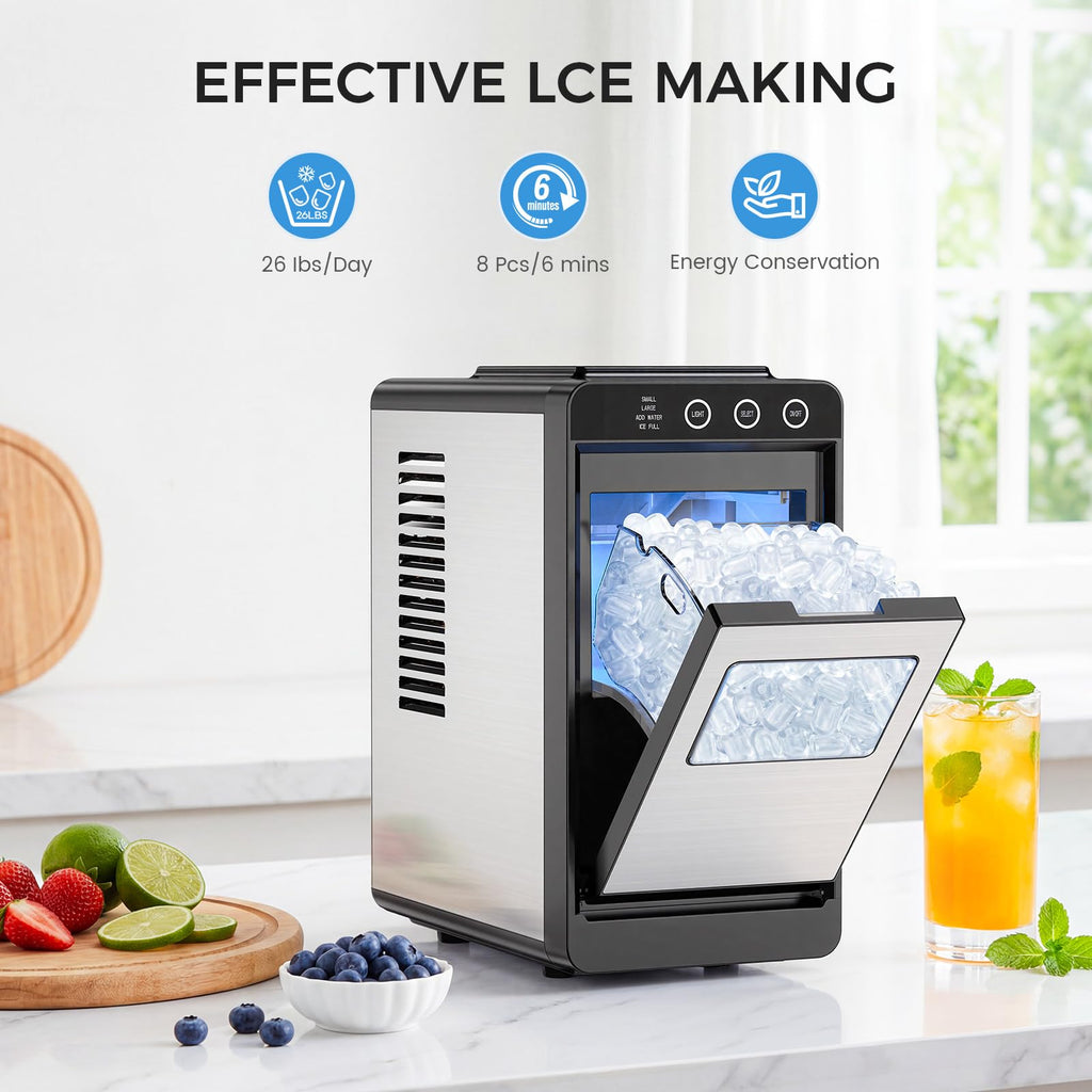 COWSAR Ice Maker Countertop, Portable Ice Machine with Self-Cleaning, 26.5 lbs/24Hrs, 8 Ice Cubes in 6 Mins, Ice Basket and Scoop, Ideal for Home, Kitchen, Bar, Camping