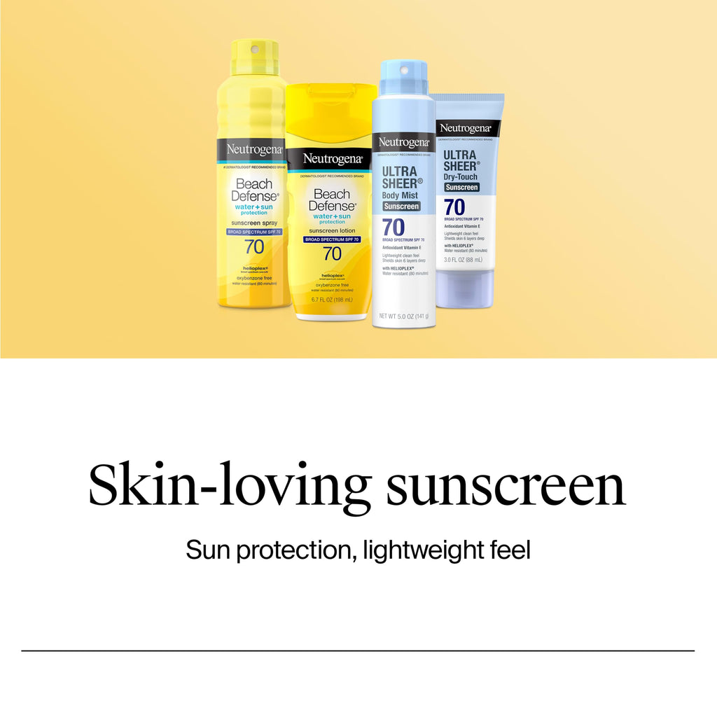 Neutrogena Beach Defense Sunscreen Spray SPF 70 Broad Spectrum UVA UVB Protection Lightweight Water Resistant up to 80 Minutes Beach-Strength Sun Protection for Whole Family, 6.5 oz