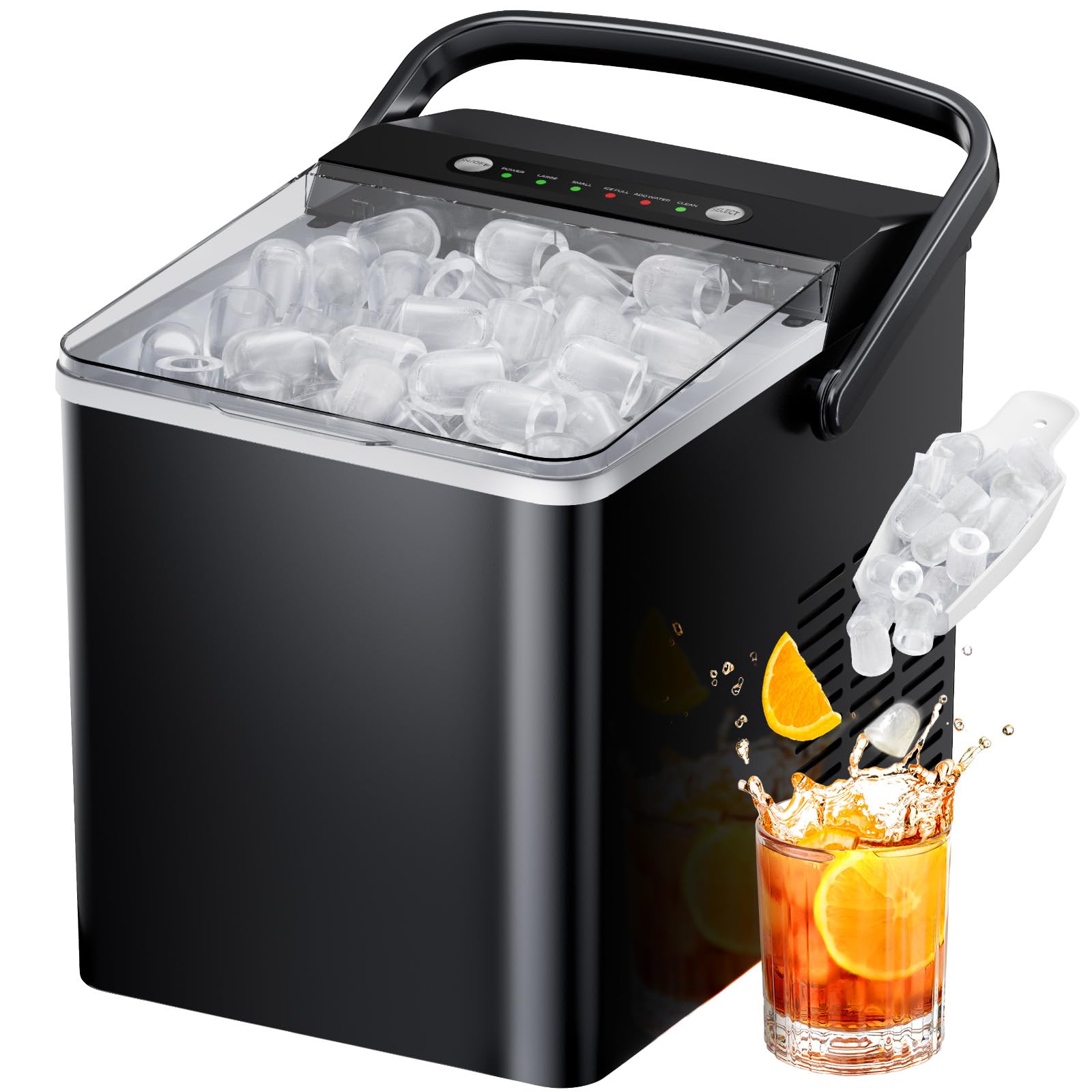 Ice Maker Countertop, Portable Ice Machine Ready in 6 Minutes with 9 Cubes 26LBS in 24H, Self-Cleaning with Ice Scoop and Basket, Two Sizes of Bullet Ice for Home Kitchen Office, Bar and Parties