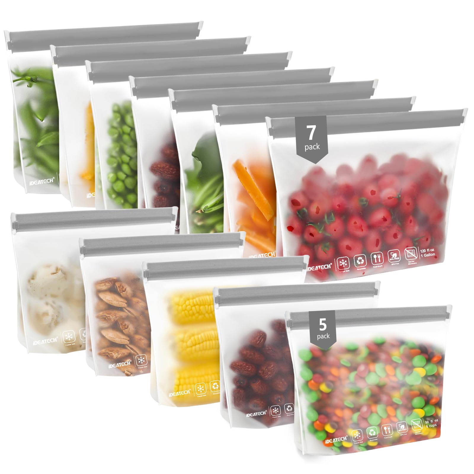 IDEATECH 20Pack Reusable Bags Dishwasher Safe, Leakproof Reusable Freezer Bags, BPA Free Healthy Food Storage Contaizers Sandwich Snack Baggies for Lunch Travel(8 Gallon 6 Quart 6 Snack,Colored)
