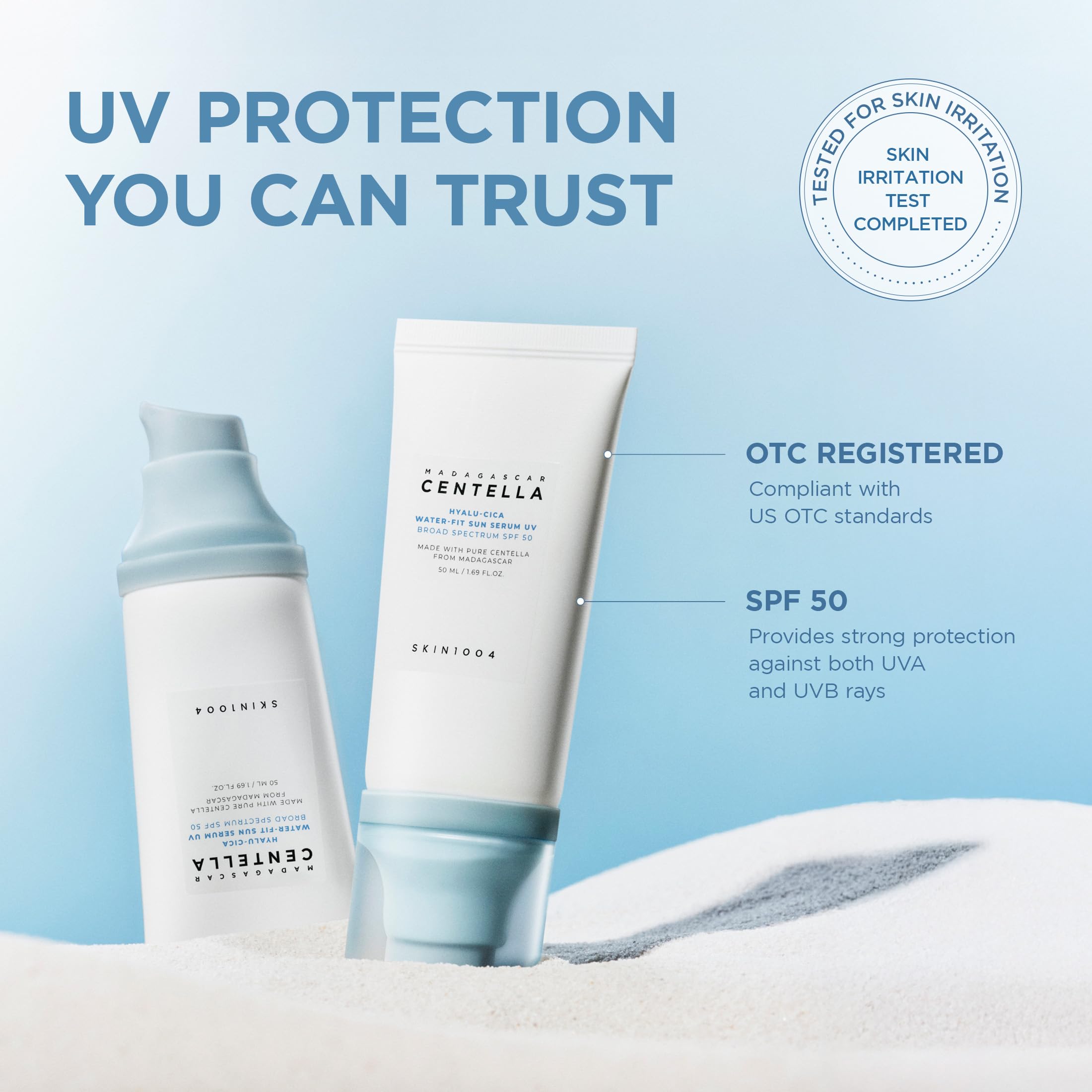 SKIN1004 Centella Hyalu-Cica Water-Fit Sun Serum UV, Korean Sunscreen SPF 50, Centella Sunscreen, Travel Essentials, Sunscreen with Hyaluronic Acid, No White Cast, Korean Skin Care, 1.69 fl.oz / 50ml