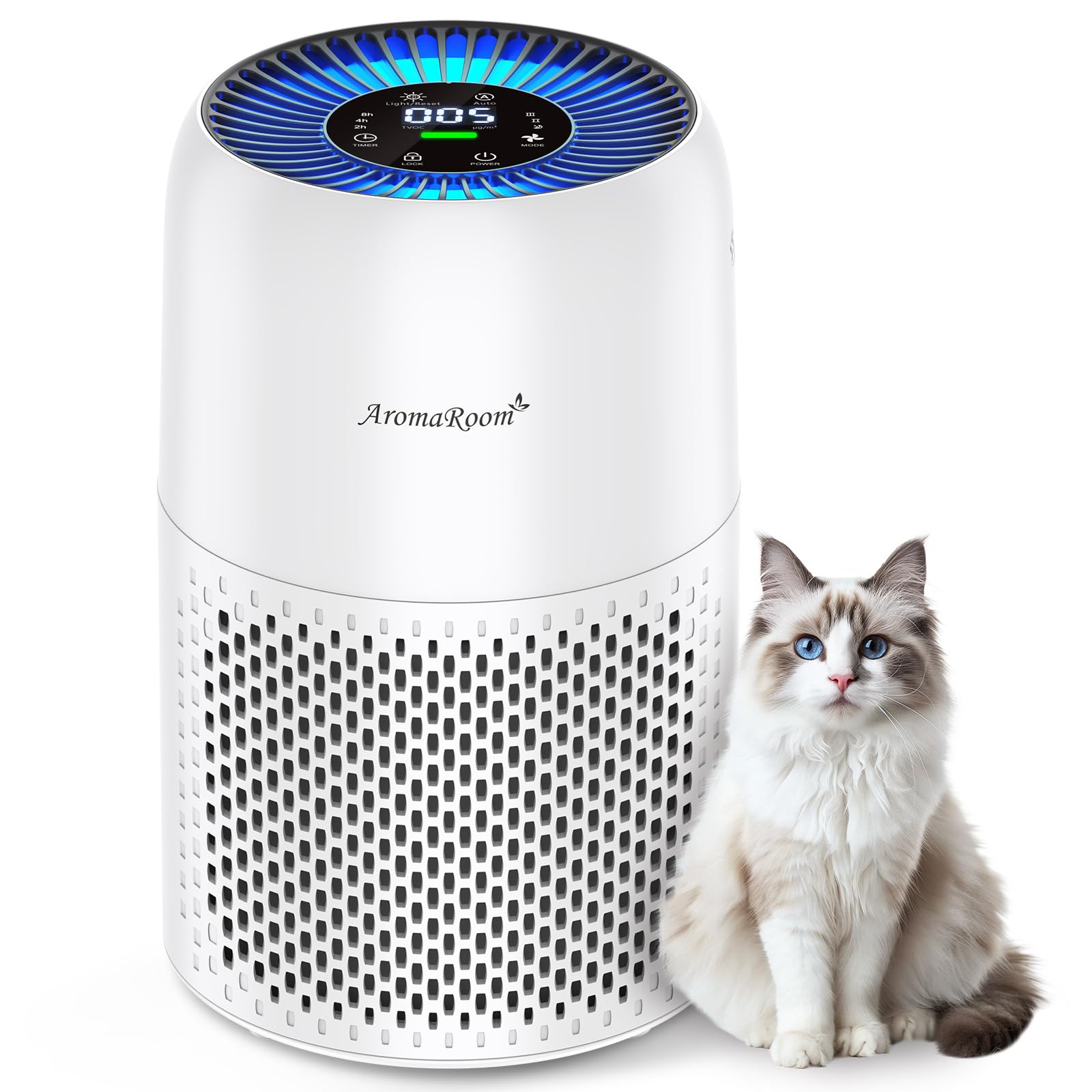 Air Purifier for Home Bedroom, AromaRoom H13 HEPA Air Filter For Smoke Pollen Dander Hair Smell Air Cleaner, 3-in-1 Filter with Sleep Mode, Quiet Air Cleaner For Pets, Home, Baby Room (White)
