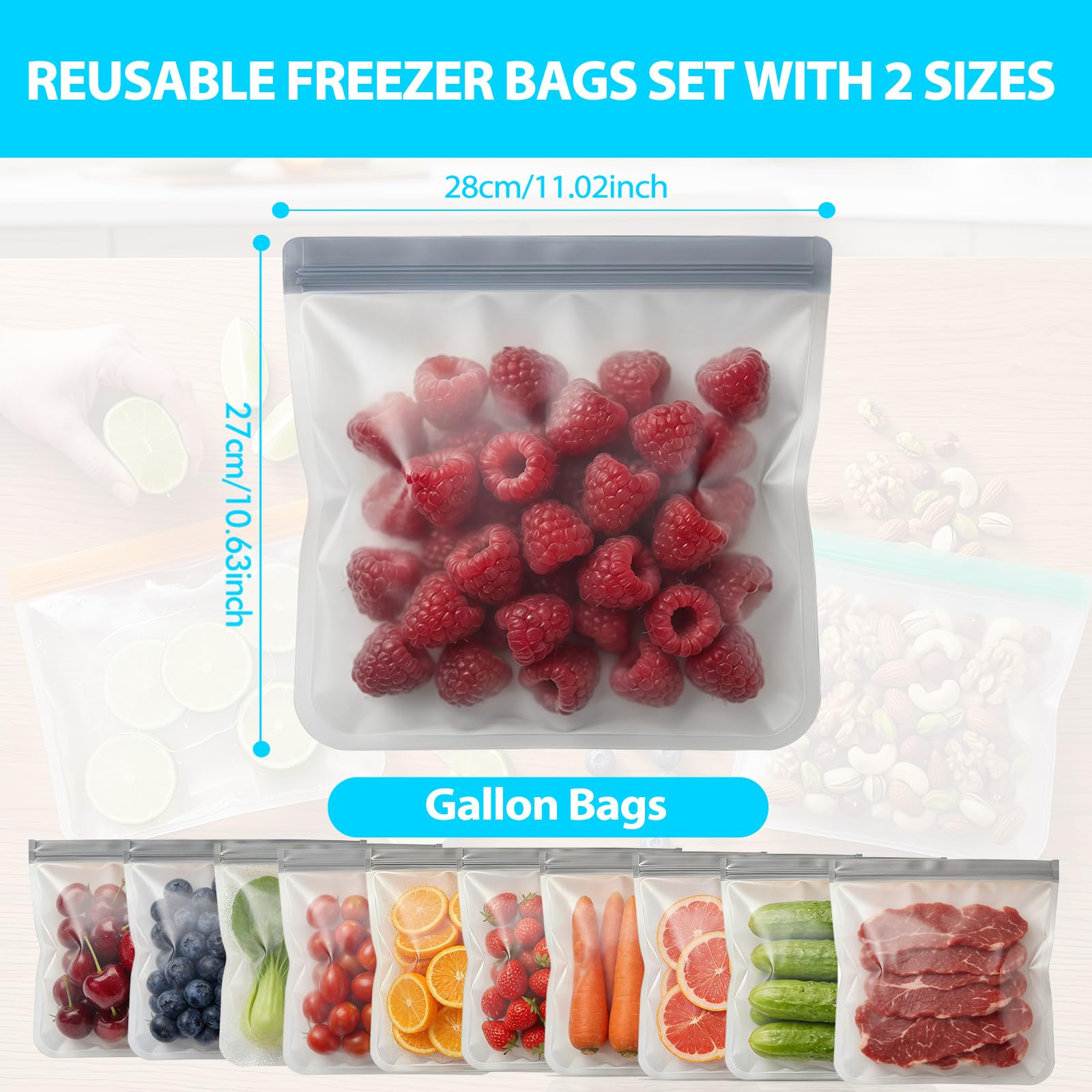 10 Pack Reusable Freezer Bags, Leakproof Reusable Silicone Food Storage Bags BPA Free Contaizers, Snack Sandwich Gallon Bags for Meal Prep, Marinate Meat, Salad Fruit, Veggies, Lunch, Travel, Kitchen