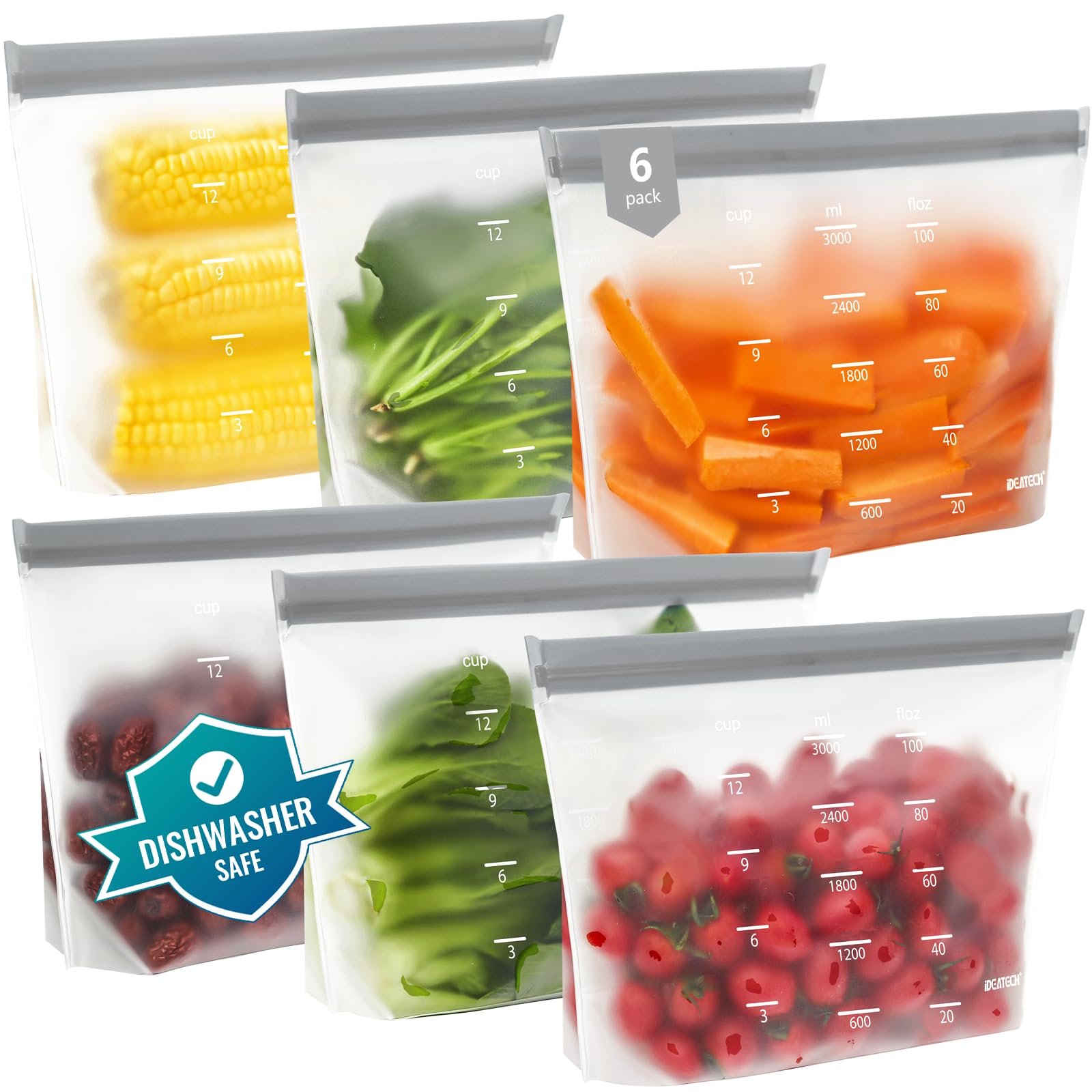 IDEATECH Reusable Bags Dishwasher Safe, BPA Free Reusable Gallon Freezer Bags, Stand Up Leakproof Food Storage Bags for Marinate Meats, Salad Fruit, Vegetables, Home Organization -Gray 6 Large Bags