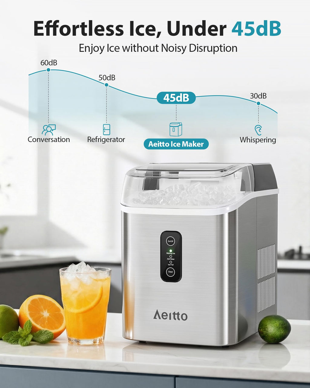 Aeitto Nugget Ice Maker Countertop, 55lbs/Day, Large Capacity Chewable Ice Maker, Rapid Ice Release in 5 Mins, Self-Cleaning with Stainless Steel Housing Ice Machine for Home Office and Party, Silver