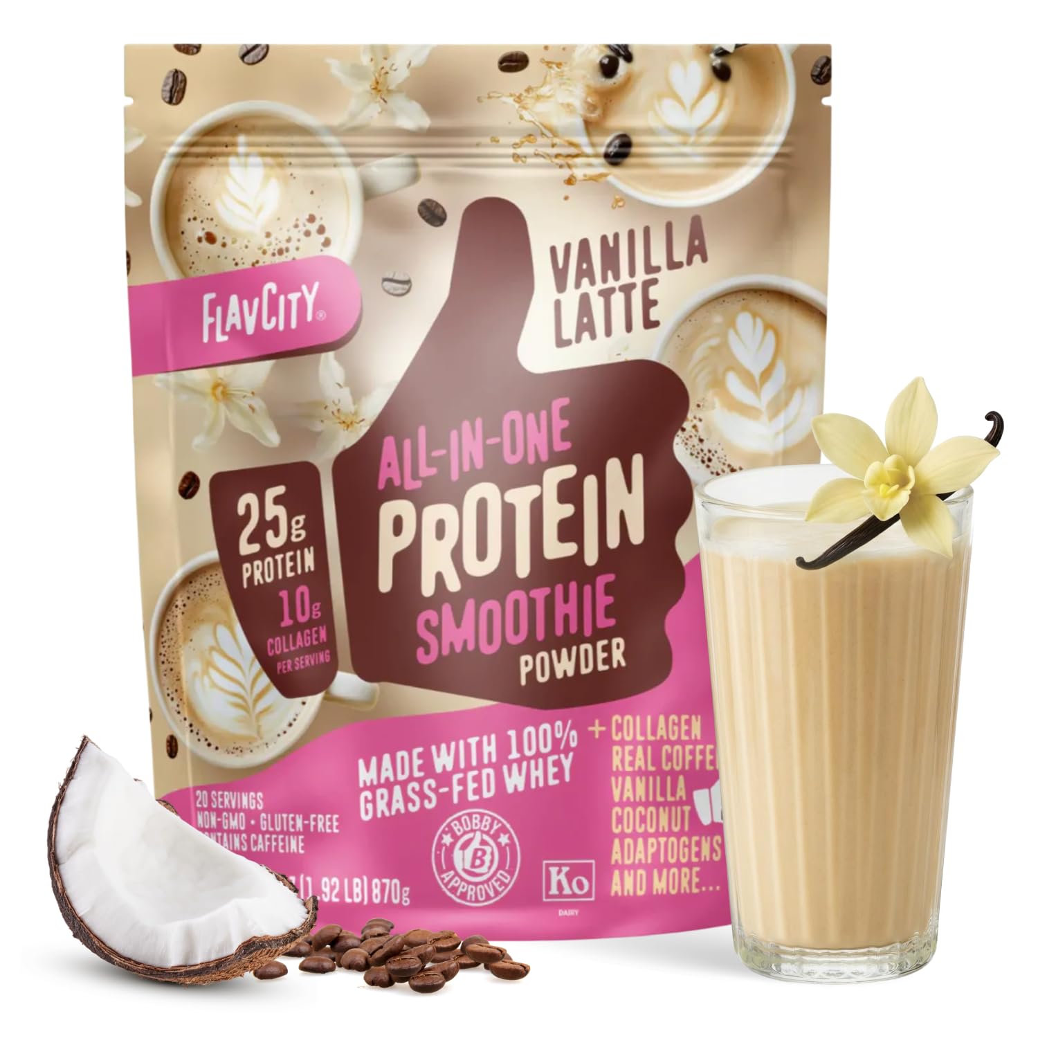 FlavCity All in One Protein Shake Powder, Pineapple Coconut - On the Go Meal Alternative + Collagen Peptides, Reishi & Cordyceps - Focus, Skin, Hair & Joint Support - 100% Grass Fed Whey, 20 Servings