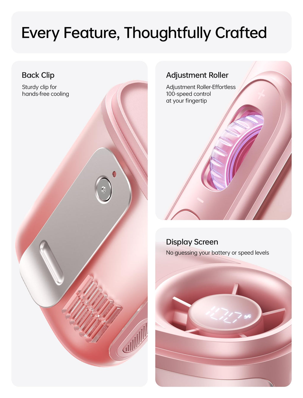JISULIFE Portable Neck Fan, 100 Speed 40000RPM Cooling, Mini Personal Handheld Wearable Waist Fan, 16H 4500mAh Battery with LED Display, Lightweight in Outdoor, Travel, Jobsite Gifts (Pink)
