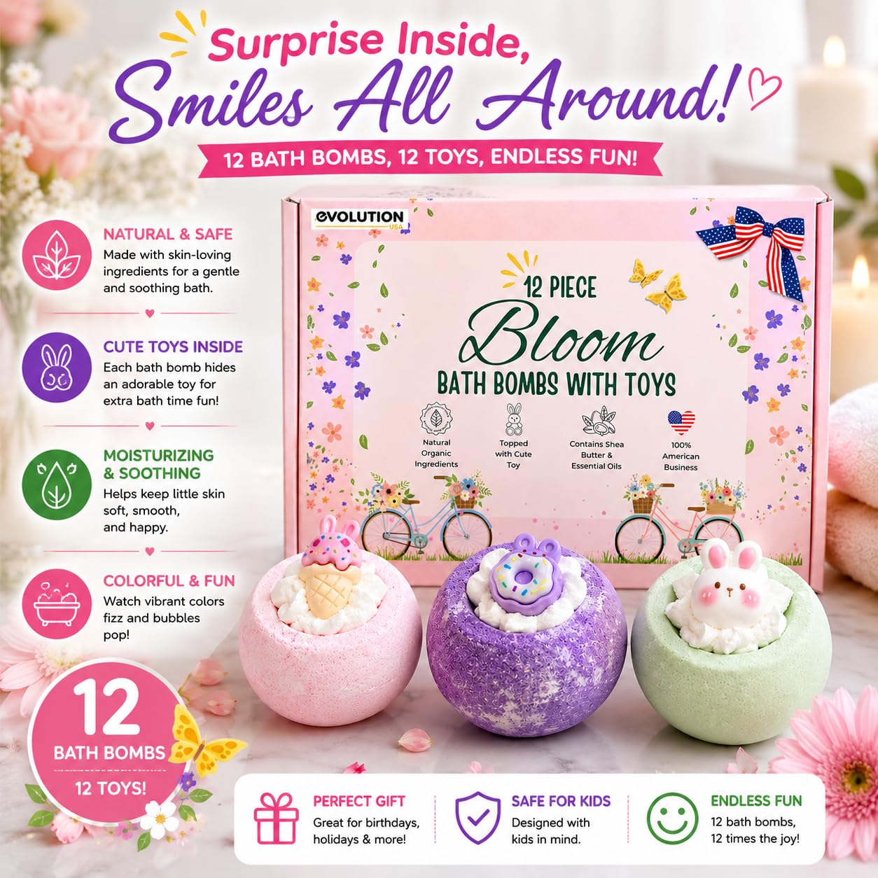 EvolutionUSA Refresh Bath Bombs for Women & Kids – 24 Bath Bombs Mini Sized, Organic Bathbomb Set, Women & Kids Bath Fizz, Luxury Gift for Mother’s Day, Easter, Valentines, Birthday or Self Care