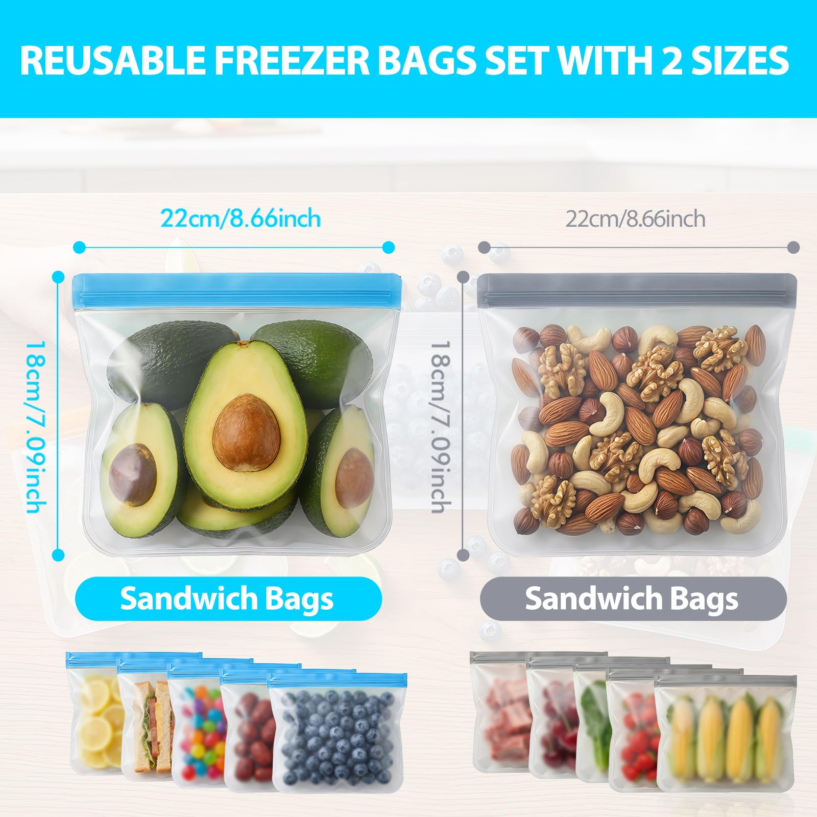 10 Pack Reusable Freezer Bags, Leakproof Reusable Silicone Food Storage Bags BPA Free Contaizers, Snack Sandwich Gallon Bags for Meal Prep, Marinate Meat, Salad Fruit, Veggies, Lunch, Travel, Kitchen