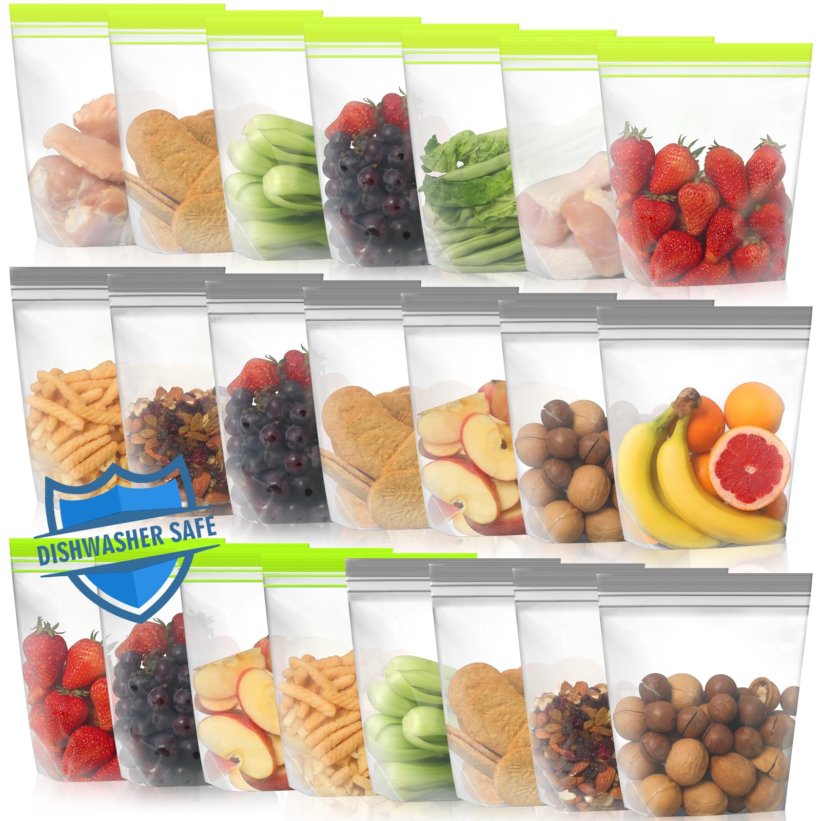 Lerine 12 Pack Reusable Gallon Freezer Bags Dishwasher Microwave Safe, Stand Up Reusable Freezer Bags 1 Gallon BPA Free, Leakproof Food Storage Bags for Kitchen Organization (Blue Gray, 12Gallon)