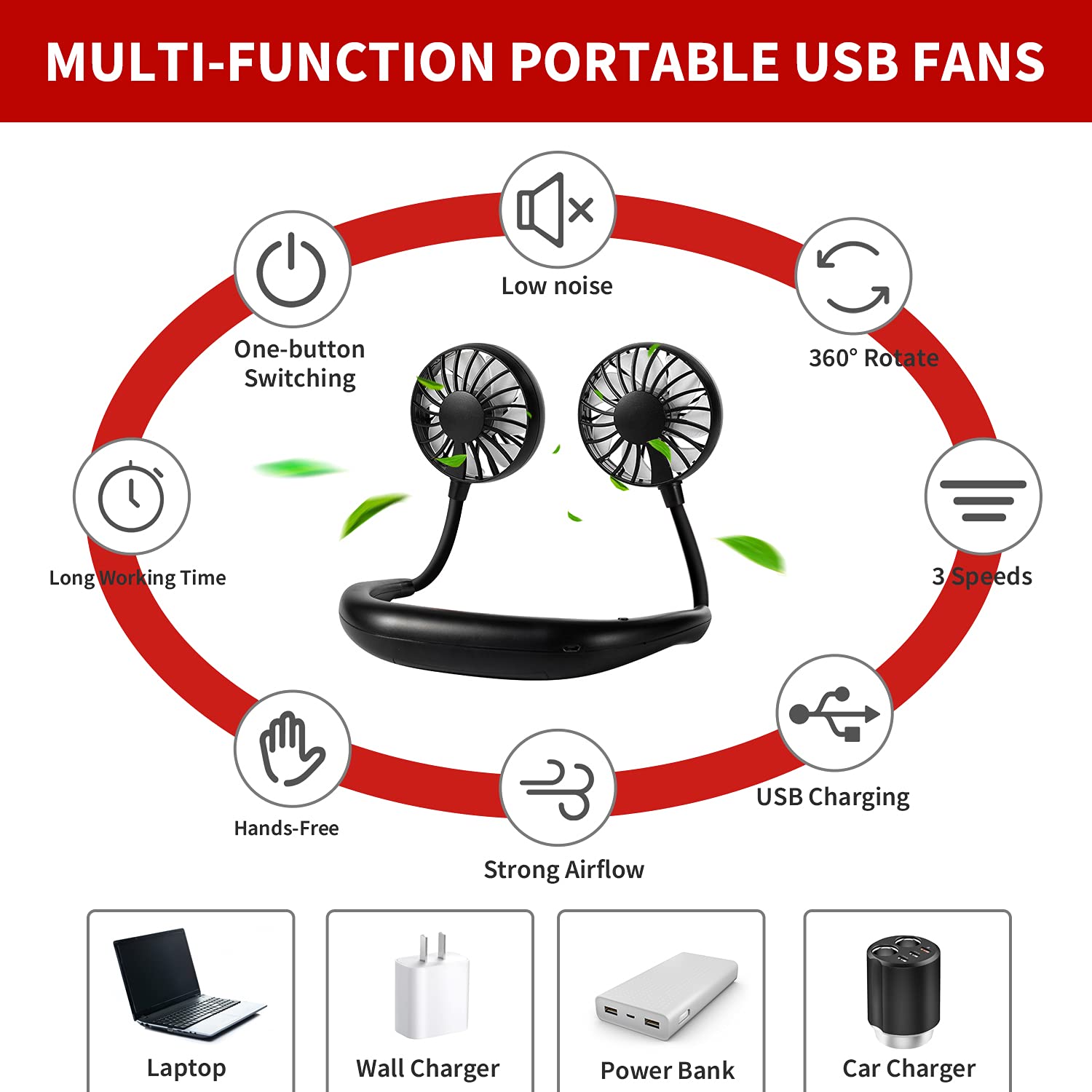 JUANANIUG Portable Neck Fan Rechargeable Personal HandFree Fan Mini USB Wearable Neckband Sport Fan 3 Speed Adjustable 360 Degrees Rotation Perfect for Working Traveling Office Reading (Red Black)