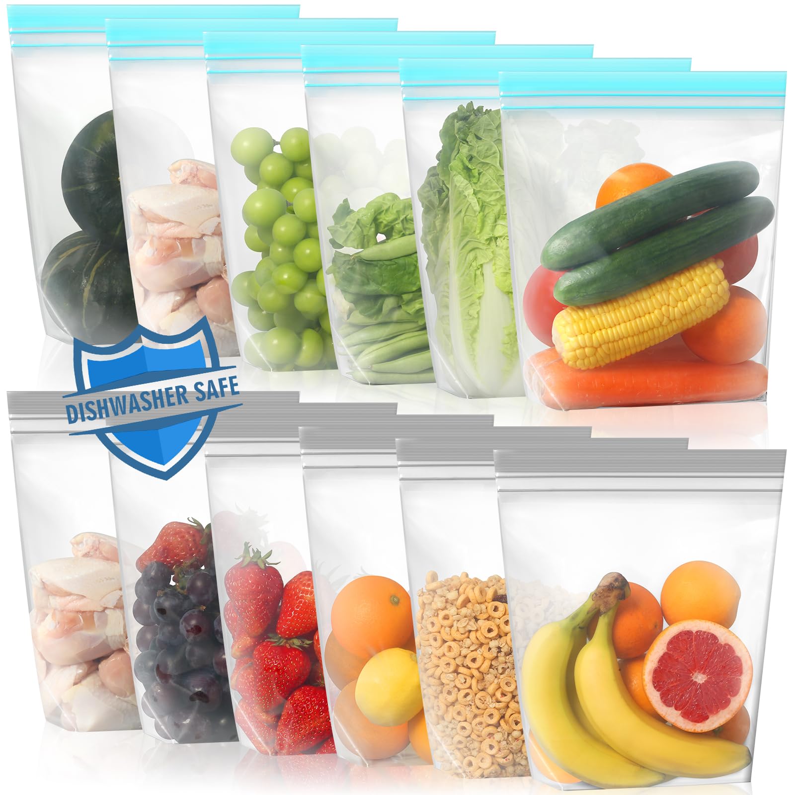 Lerine 12 Pack Reusable Gallon Freezer Bags Dishwasher Microwave Safe, Stand Up Reusable Freezer Bags 1 Gallon BPA Free, Leakproof Food Storage Bags for Kitchen Organization (Blue Gray, 12Gallon)