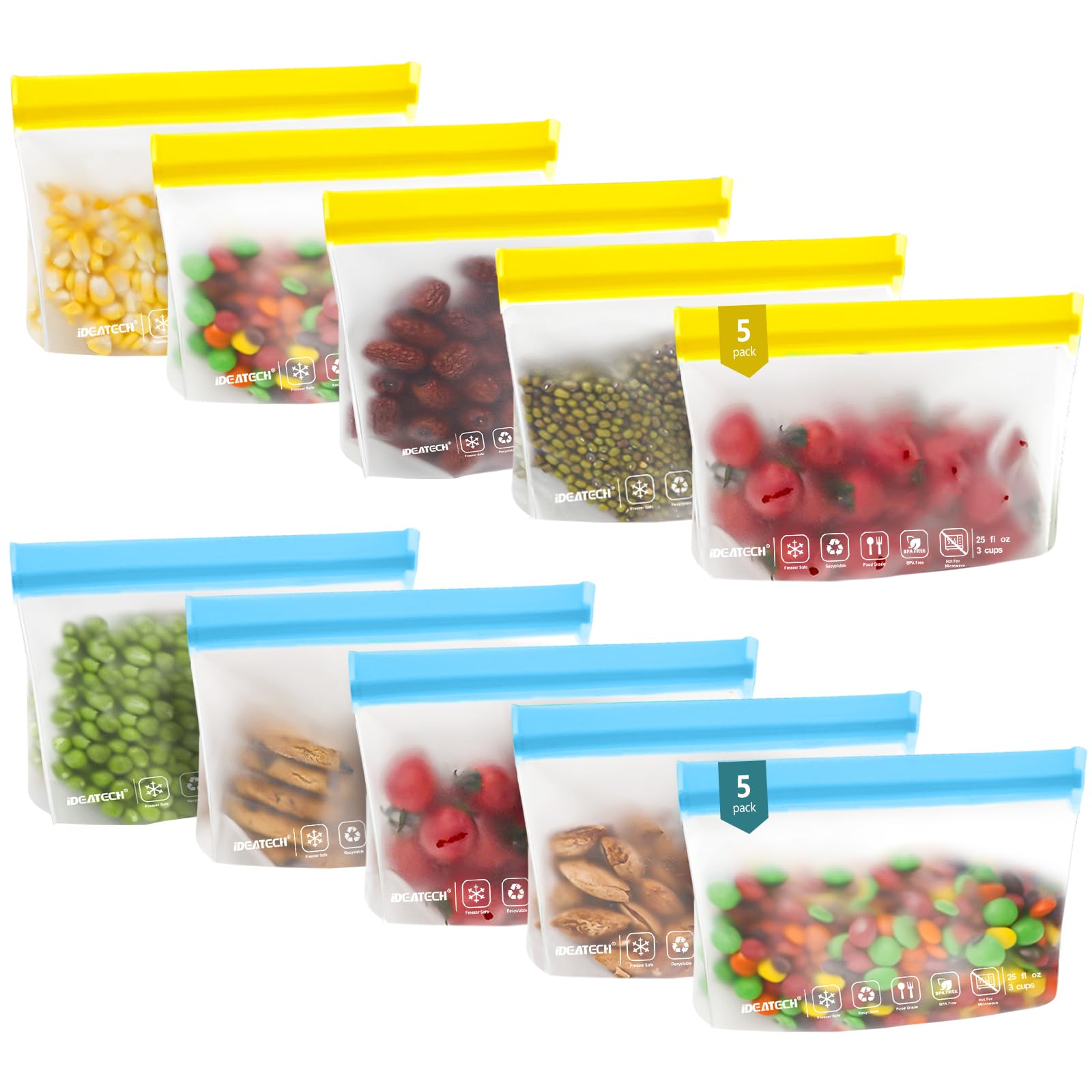 IDEATECH 20Pack Reusable Bags Dishwasher Safe, Leakproof Reusable Freezer Bags, BPA Free Healthy Food Storage Contaizers Sandwich Snack Baggies for Lunch Travel(8 Gallon 6 Quart 6 Snack,Colored)
