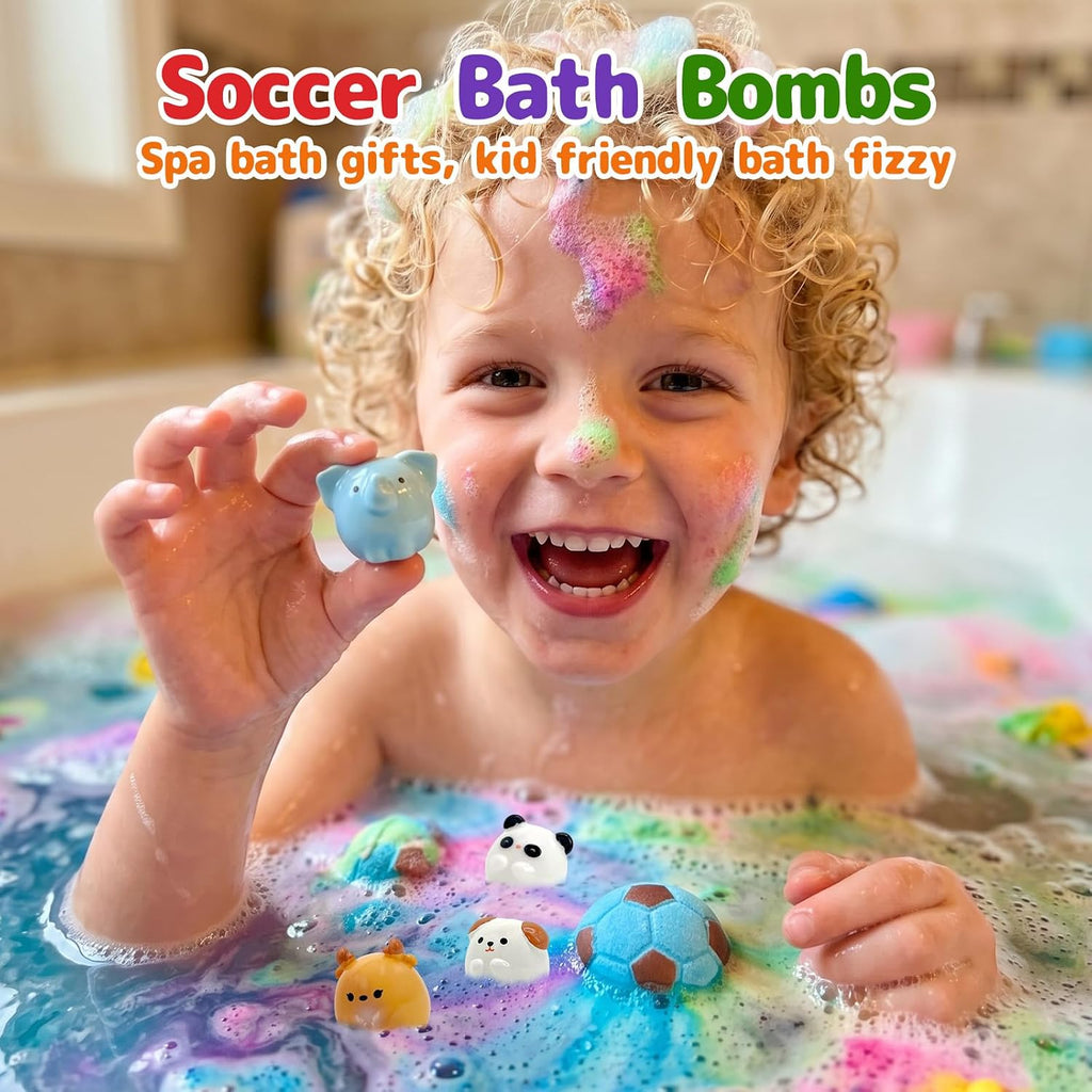 Soccer Kids Bath Bombs with Surprise Toys Inside, 6 Pack Gentle Bubble Bath Fizzies, Football Shape Spa Gifts for 3-12 Year Old Boys Teen Sports Theme Girls Party Favor Birthday Christmas