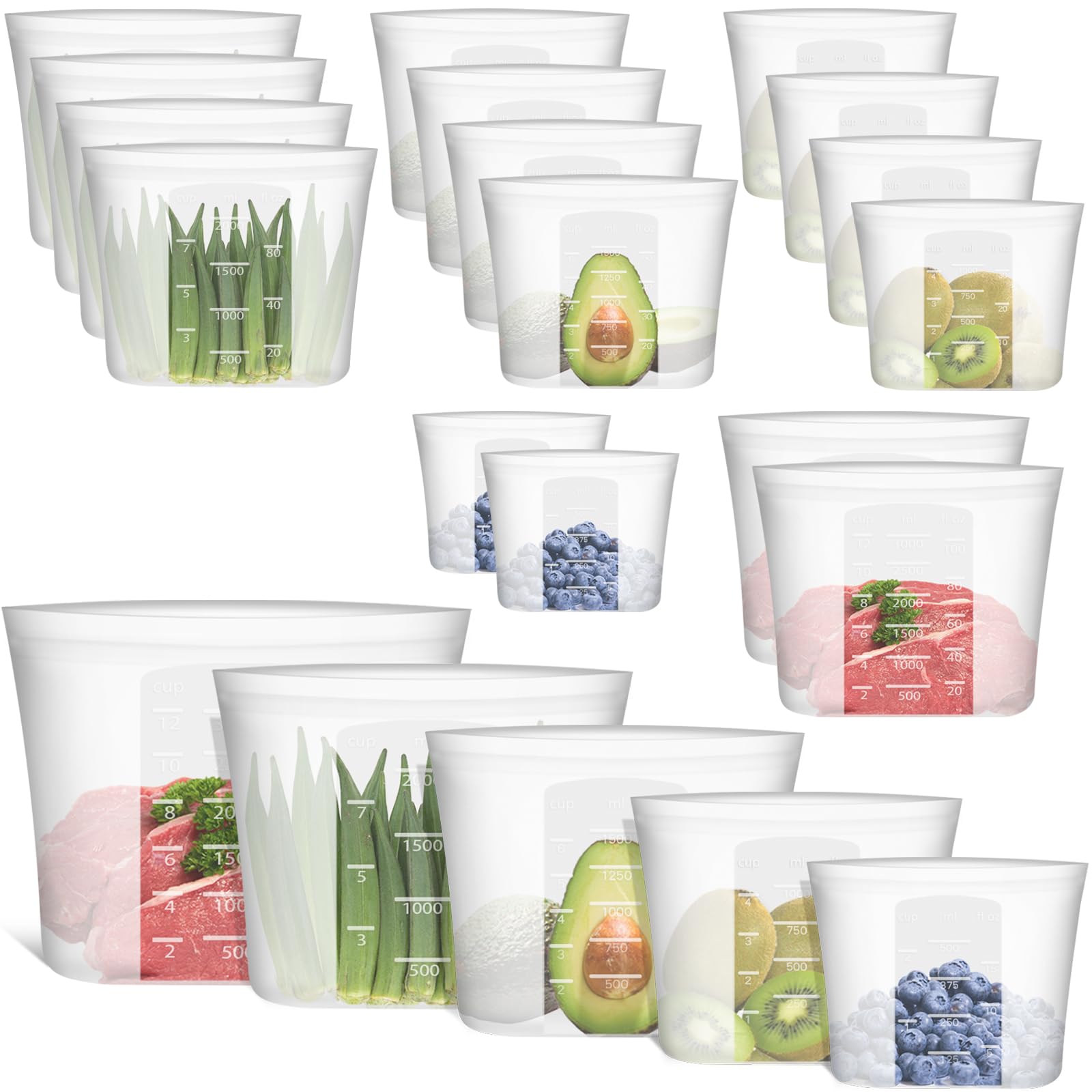 Reusable Food Bags, 12 Pack 100% Silicone Food Storage Bags Stand Up Zip Lock Container, Freezer Microwave Oven Dishwasher Safe, 4 Medium 4 Small 4 Extra Small, Aqua