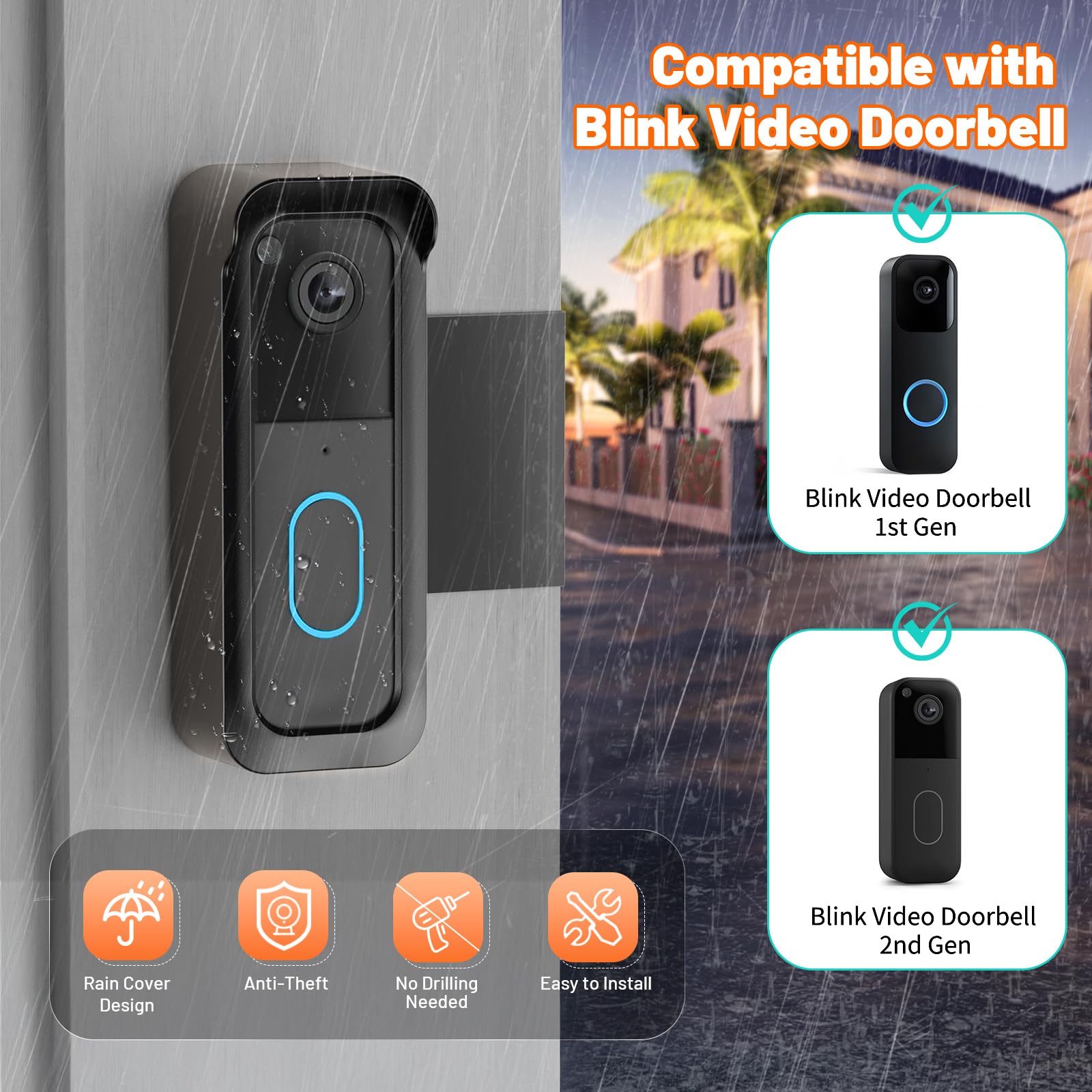 Blink Doorbell Mount, 2nd Gen Anti-Theft Blink Doorbell Camera Mount No Drilling with Rain Cover, Fit for Blink Video Doorbell 1st & 2nd Gen, No Block Sensor & Night Vision