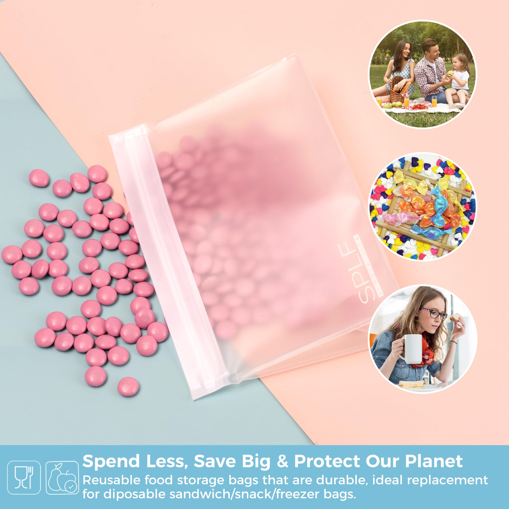 SPLF 4 Pack Dishwasher Safe Reusable Storage Bags, Reusable Gallon Freezer Bags, BPA FREE Stand Up Extra Thick Leakproof Silicone and Plastic Free Zipper Sandwich Snack Lunch Food Bags
