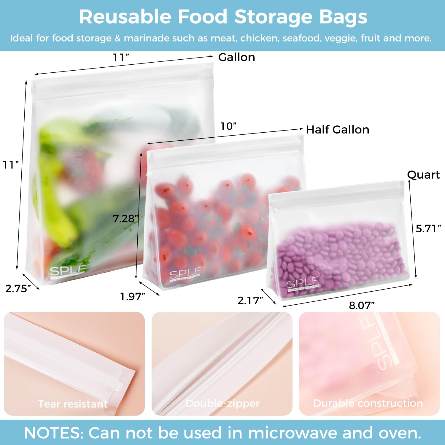 SPLF 4 Pack Dishwasher Safe Reusable Storage Bags, Reusable Gallon Freezer Bags, BPA FREE Stand Up Extra Thick Leakproof Silicone and Plastic Free Zipper Sandwich Snack Lunch Food Bags