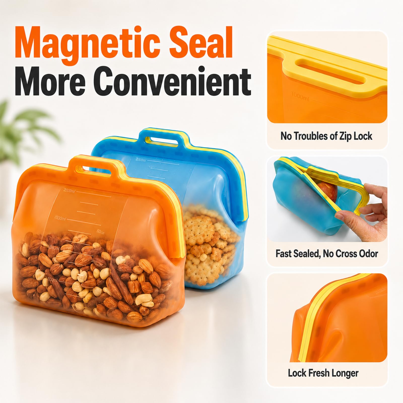 Reusable Silicone Food Storage Bags, NUZEAK Magnetic Seal Reusable Storage Bags, Stand Up Silicone Freezer Bags for Food, Fruit, Snack, Sandwich, Meal Prep, Dishwasher Safe, 50oz, 1 Pack