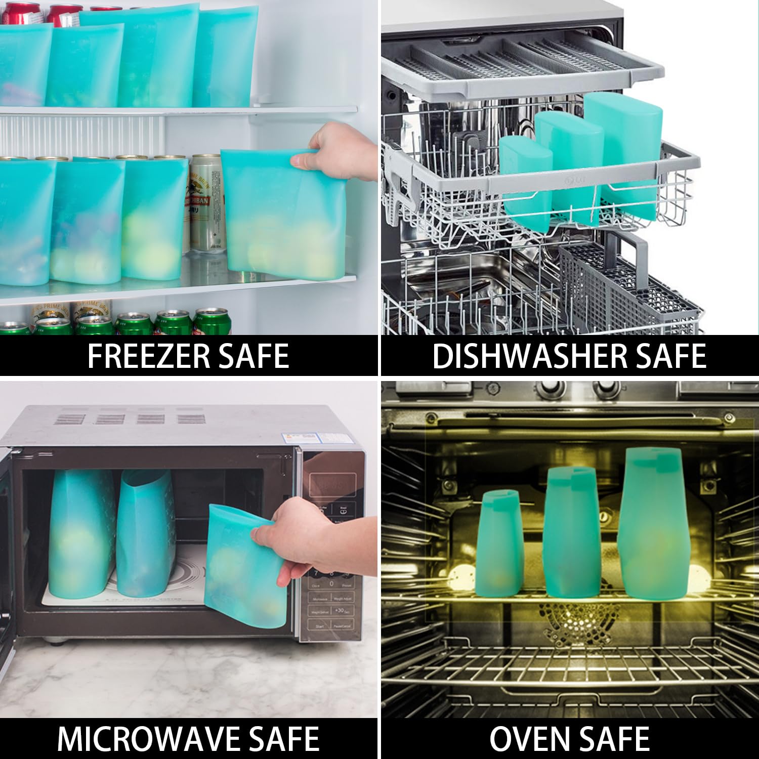 Reusable Food Bags, 12 Pack 100% Silicone Food Storage Bags Stand Up Zip Lock Container, Freezer Microwave Oven Dishwasher Safe, 4 Medium 4 Small 4 Extra Small, Aqua