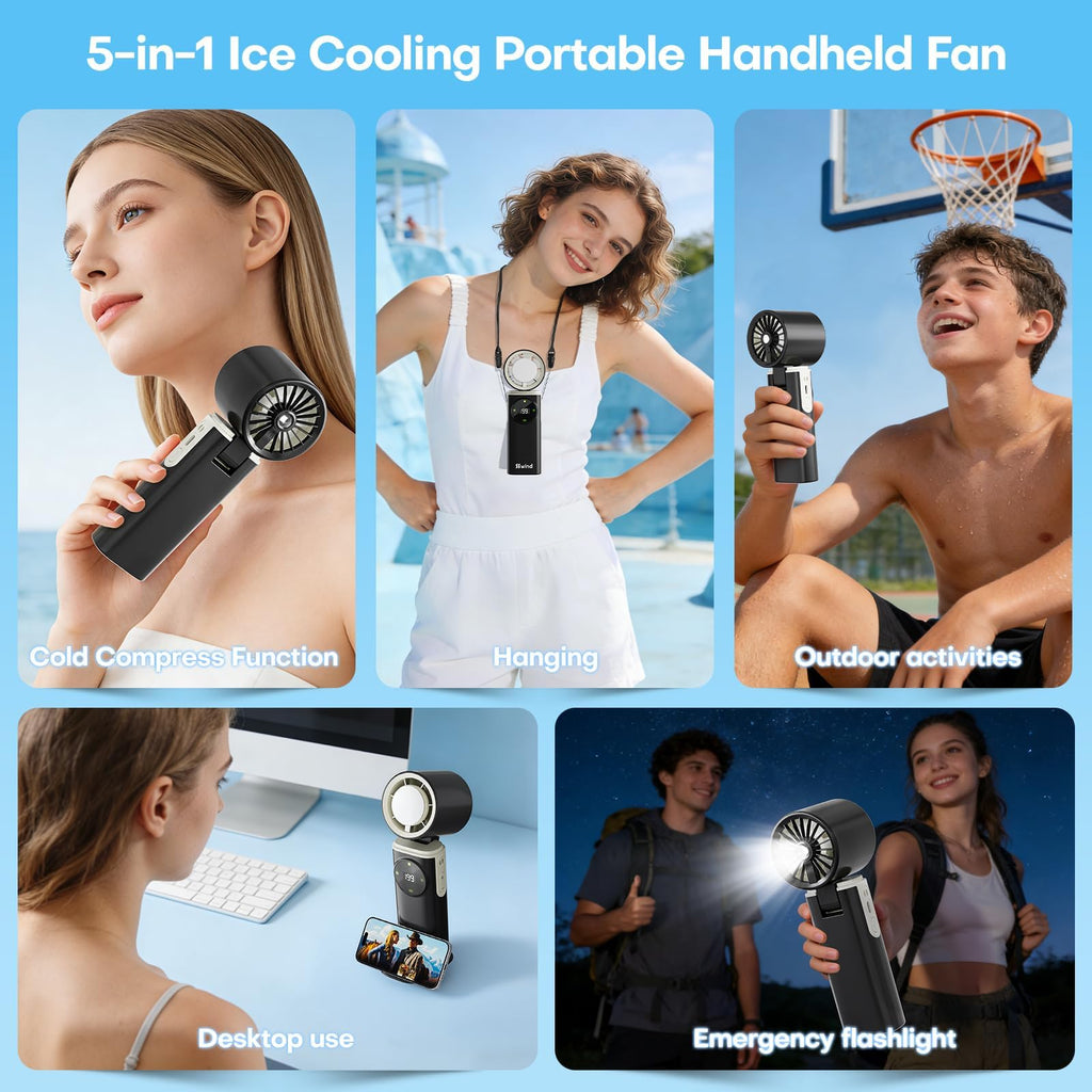 6000mAh Portable Handheld Fan with Ice Cooling, 199 Levels Stepless Speed, 20H Long Battery Life, 20000RPM Turbo Fan Rechargeable Personal Mini Fan for Travel, Outdoor, Makeup (White)