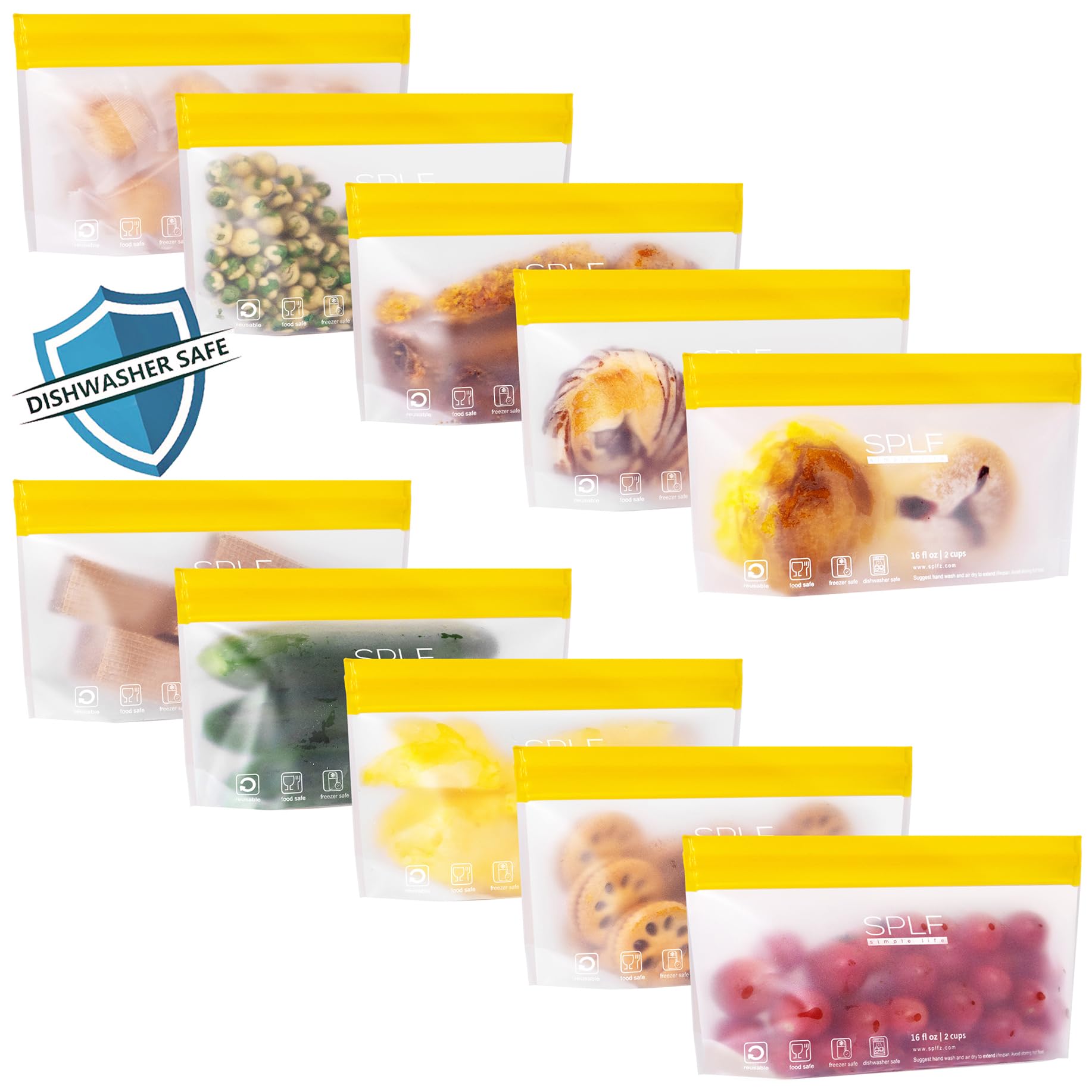 SPLF 10 Pack Stand-Up Reusable Quart Freezer Bags Dishwasher Safe, Extra Thick Leakproof 1 Quart Food Storage Bags, BPA Free Bags for Meal Prep, Sandwich, Snack, Fridge Organization