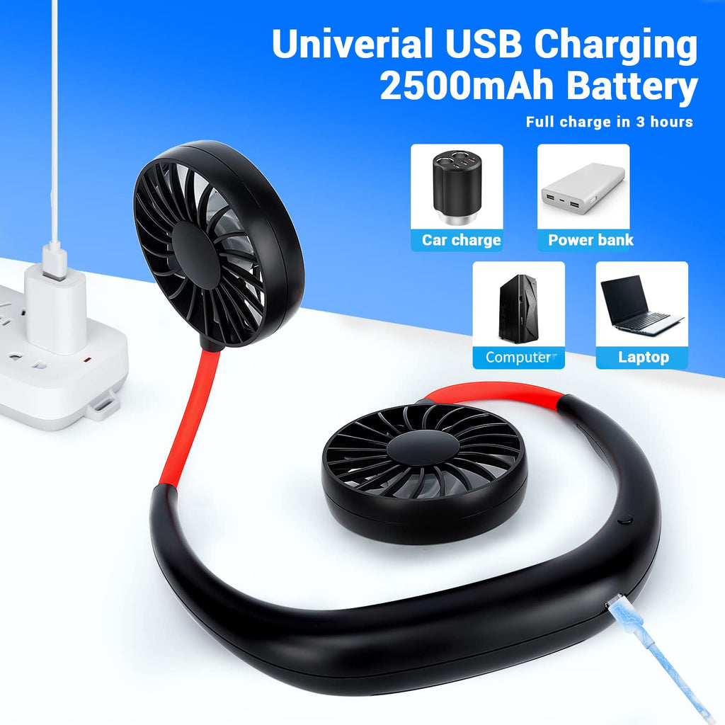 JUANANIUG Portable Neck Fan Rechargeable Personal HandFree Fan Mini USB Wearable Neckband Sport Fan 3 Speed Adjustable 360 Degrees Rotation Perfect for Working Traveling Office Reading (Red Black)