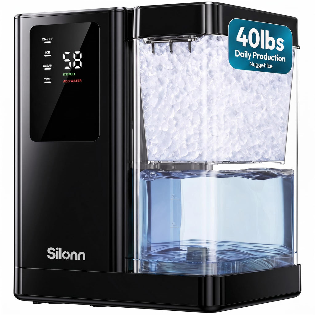 Silonn Nugget Ice Maker Countertop, Auto Drop Ice, Self Cleaning Ice Machine, 40 lbs/24H Soft Chewable Ice, Self Dispensing Nugget Ice Maker for Home, Kitchen and Party