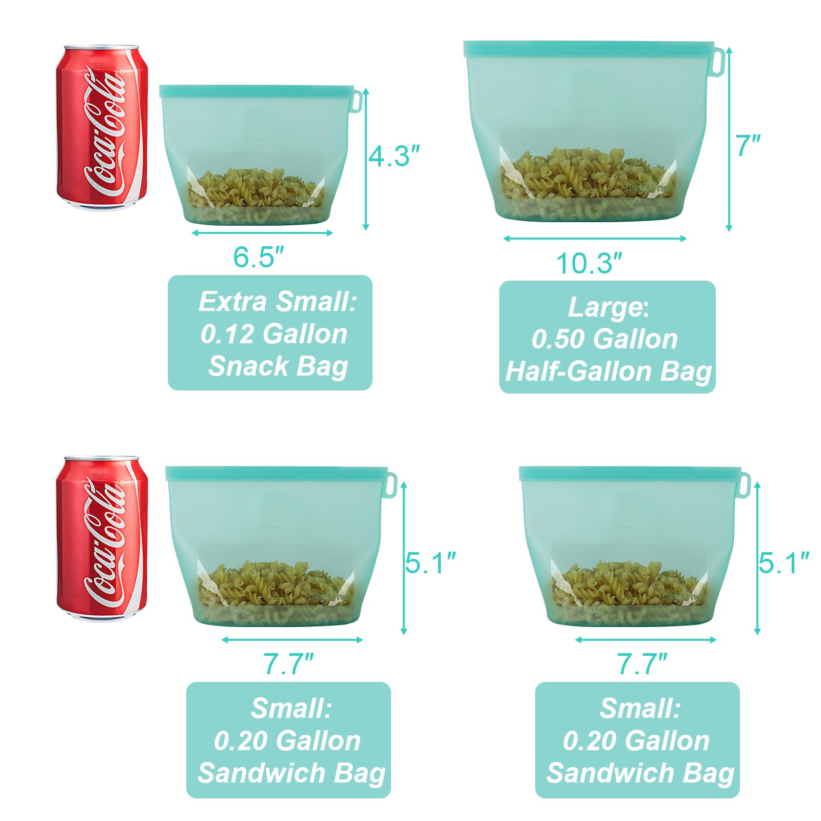 Reusable Silicone Food Storage Bags (Set of 4), Dishwasher Oven Microwave Freezer Safe, Eco-Friendly 100% Platinum, Leakproof Sous Vide Bags, Premium Lunch Containers, 2 Snack 2 Sandwich, Mixed