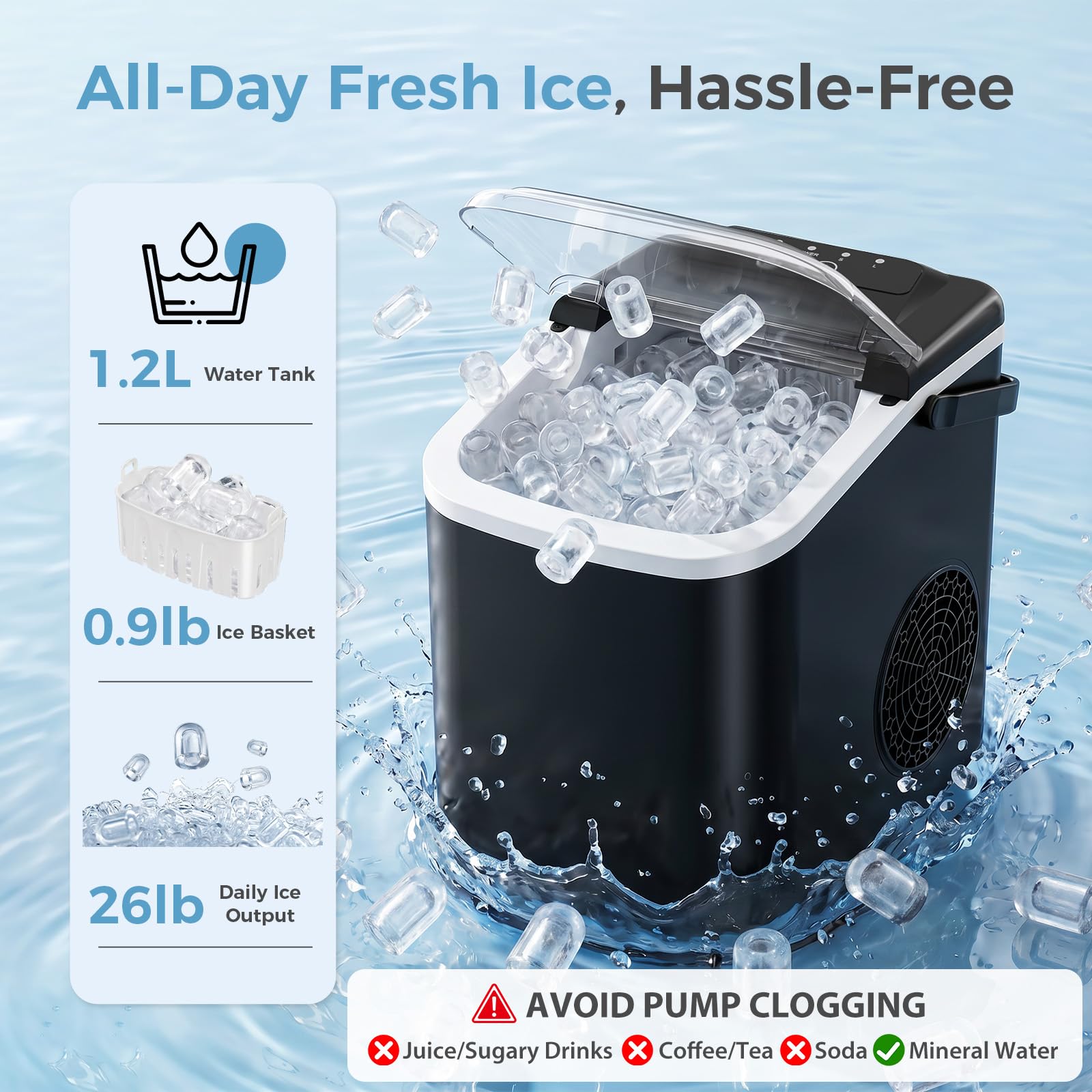 Countertop Ice Maker, Portable Ice Machine with Carry Handle Basket and Scoop, 9 Bullet Cubes Ready in 6 Mins, 26lbs Daily, Self-Cleaning for Home, Kitchen, Camping, RV