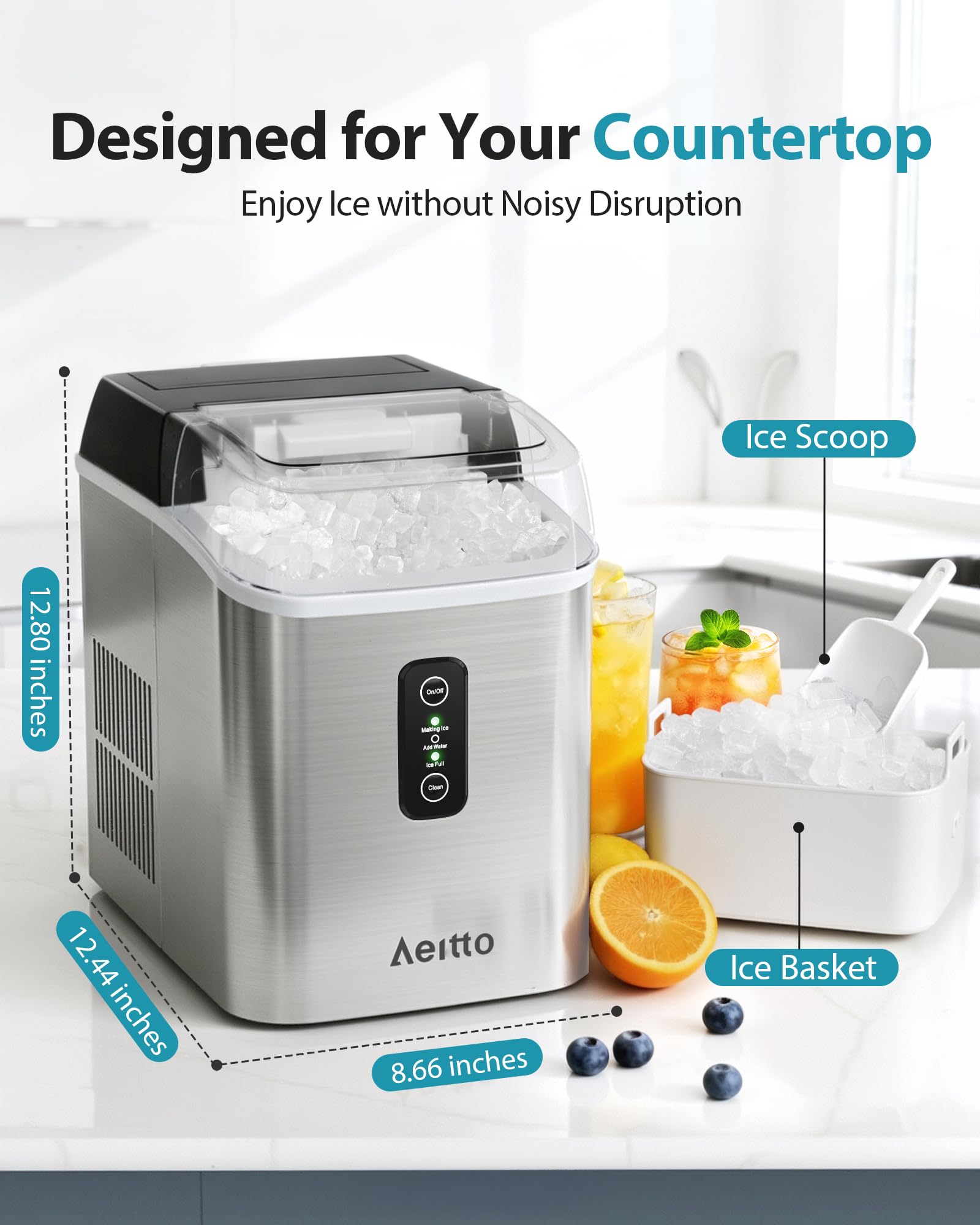 Aeitto Nugget Ice Maker Countertop, 55lbs/Day, Large Capacity Chewable Ice Maker, Rapid Ice Release in 5 Mins, Self-Cleaning with Stainless Steel Housing Ice Machine for Home Office and Party, Silver