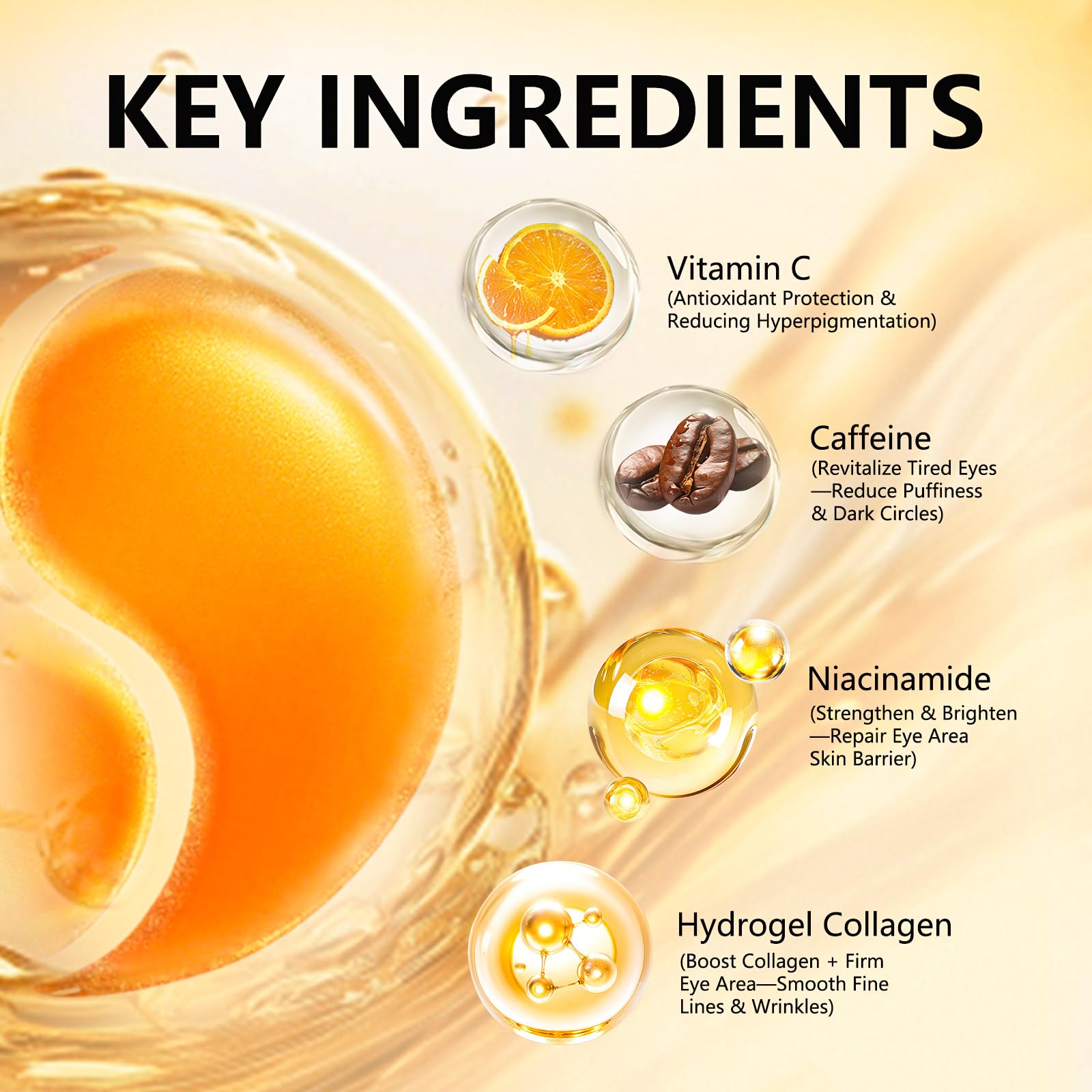 Vitamin C & Caffeine Under Eye Patches for Men & Women 30 Pairs | Eye Masks for Dark Circles, Fine Lines and Puffiness, with Niacinamide Hydra-Gel Collagen, Skincare for Face