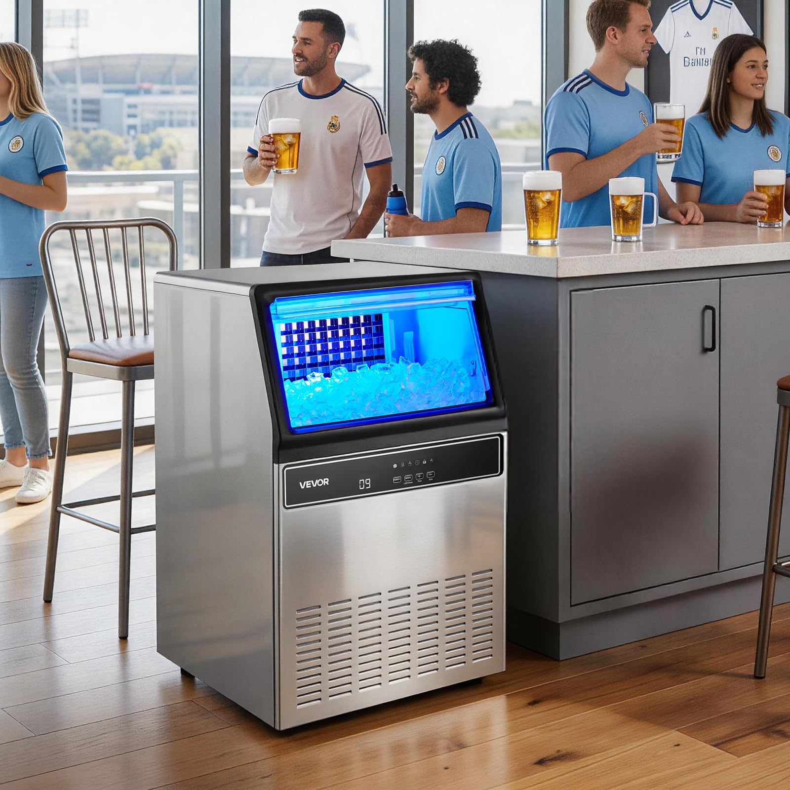 VEVOR Commercial Ice Maker Machine, 80 lbs/24h with 13 lbs Storage Capacity, Countertop/Freestanding/Under Counter, Stainless Steel Ice Maker with LED Display & Self-Cleaning, for Home Bar Restaurant