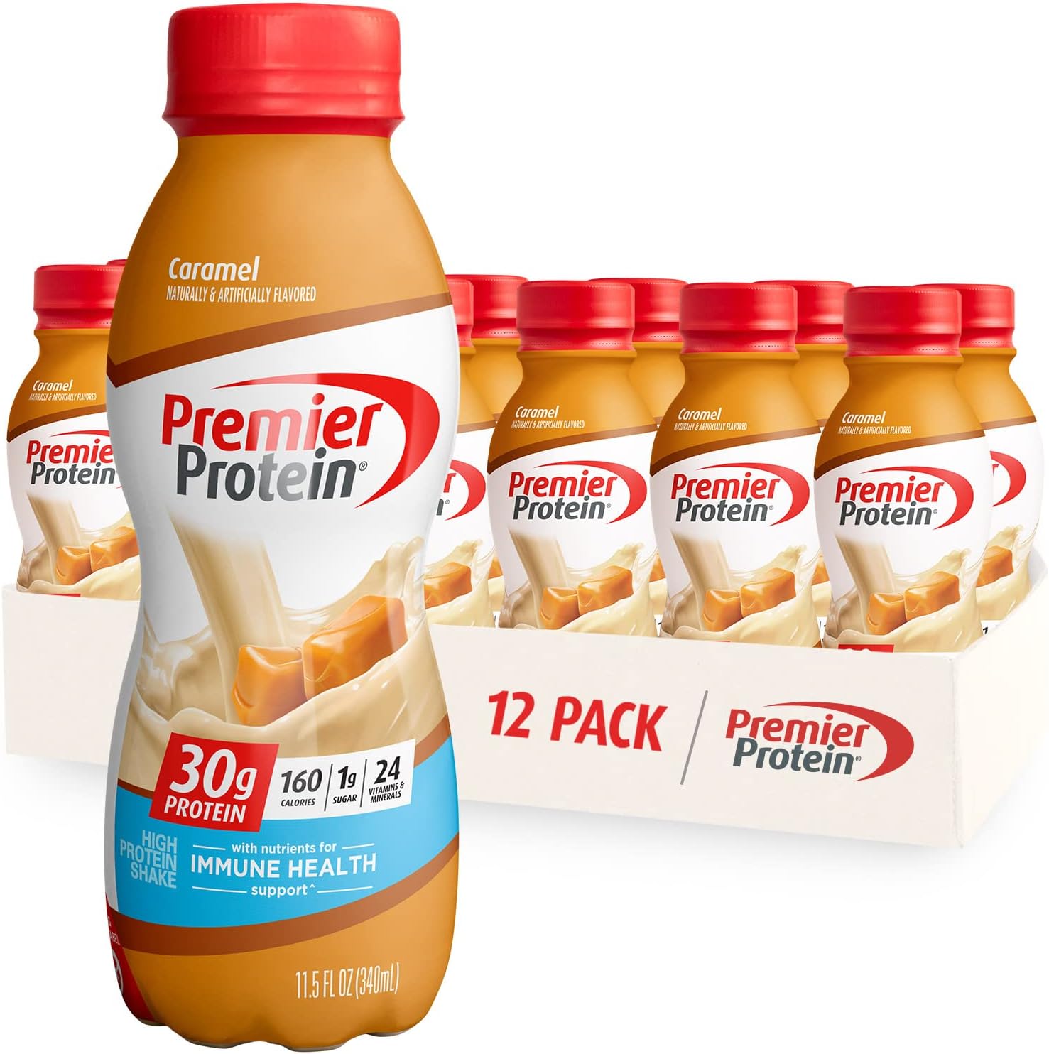 Premier Protein Shake MINIs, Vanilla, 22g Protein, 120 Calories, 1g Sugar, 8.75fl oz, Pack of 12 & Premier Liquid Protein Shake, Caramel, 30g Protein, 1g Sugar, 24 Vitamins & Minerals