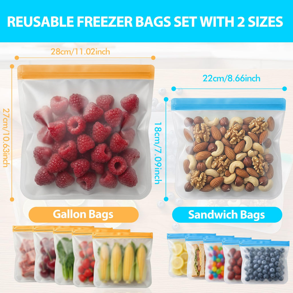 10 Pack Reusable Freezer Bags, Leakproof Reusable Silicone Food Storage Bags BPA Free Contaizers, Snack Sandwich Gallon Bags for Meal Prep, Marinate Meat, Salad Fruit, Veggies, Lunch, Travel, Kitchen