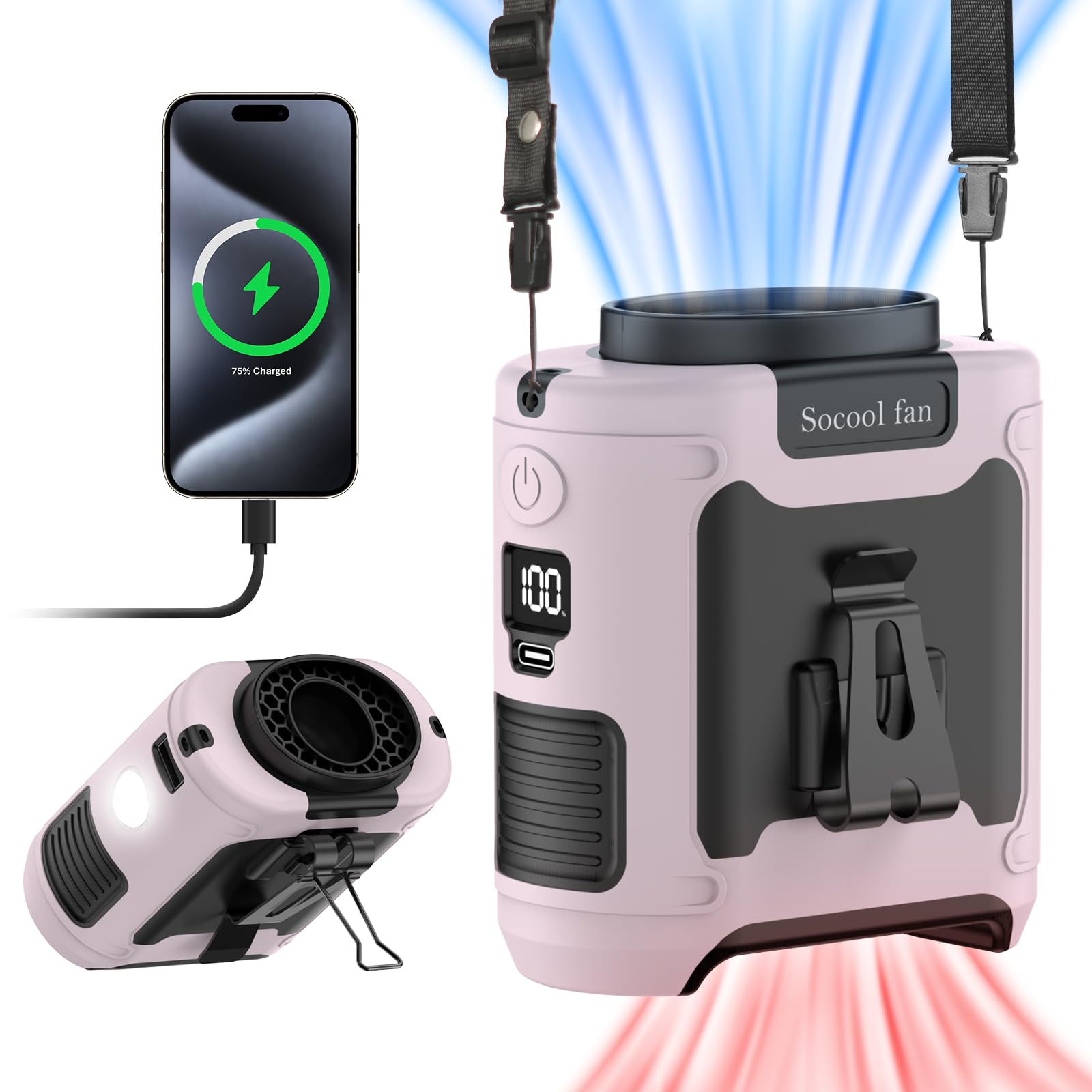 Socool 10000mAh Portable Waist Fan Clip on Wearable Belt Personal Fan Rechargeable Battery operated With 5 Speeds & Flashlight Neck Hands-Free 40H Cooling For Outdoor Camping Travel (Black)