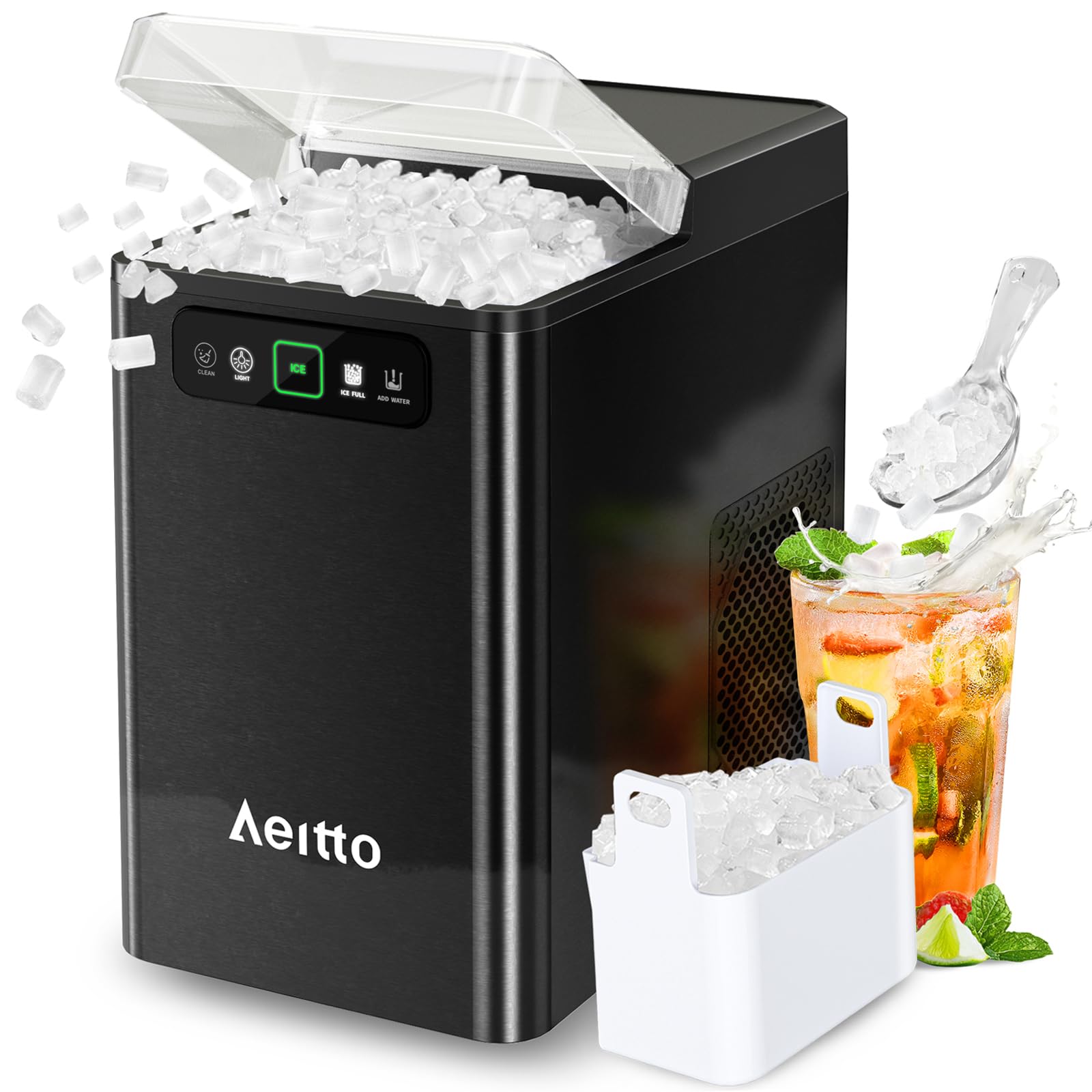 Aeitto Nugget Ice Maker Countertop, Pellet Ice Machine Soft Chewable Ice 40lbs/Day, One-Click Operation, Auto Self-Cleaning Crushed Ice Makers Stainless with Scoop for Home/Kitchen/Office (Grey)