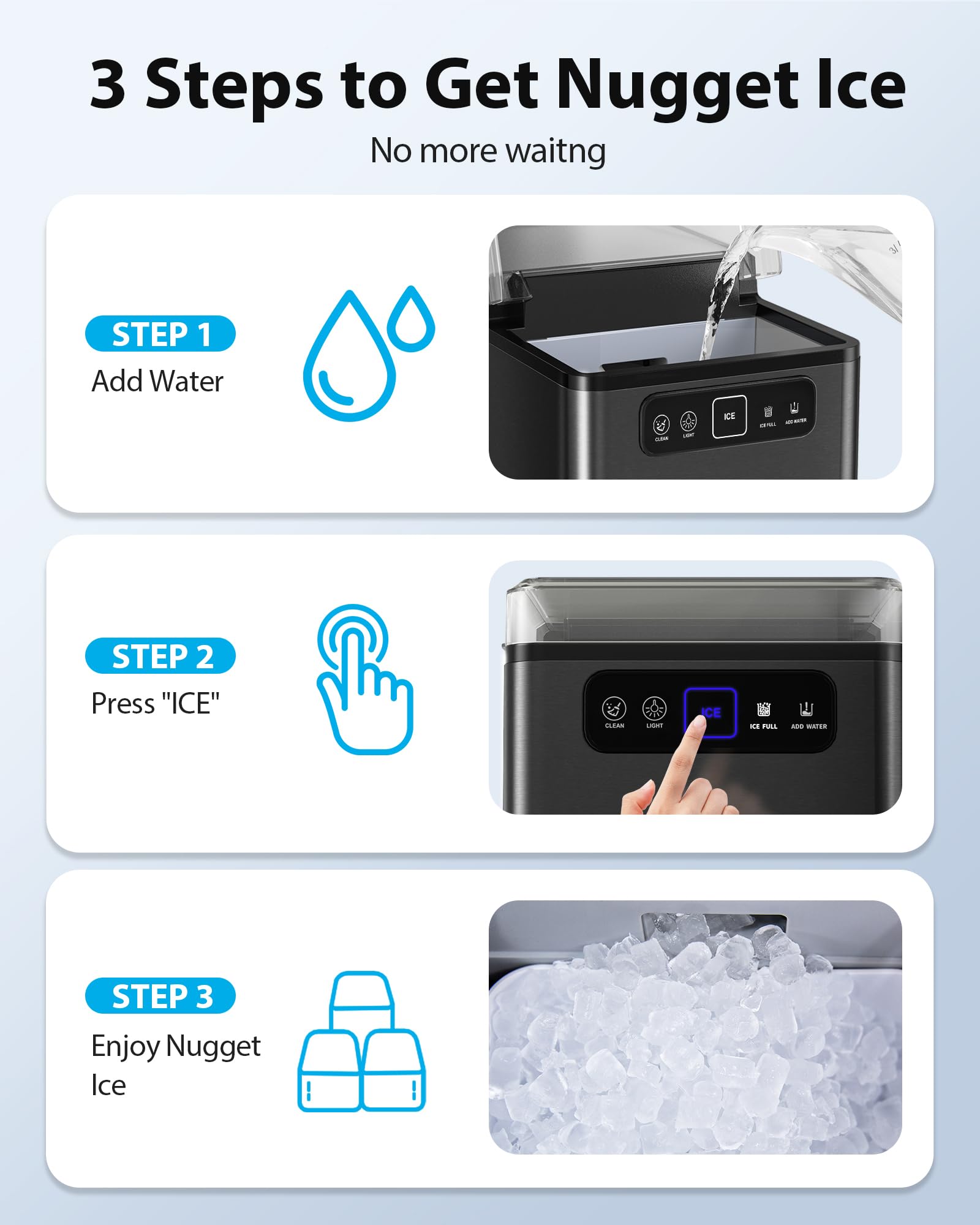 Aeitto Nugget Ice Maker Countertop, Pellet Ice Machine Soft Chewable Ice 40lbs/Day, One-Click Operation, Auto Self-Cleaning Crushed Ice Makers Stainless with Scoop for Home/Kitchen/Office (Grey)