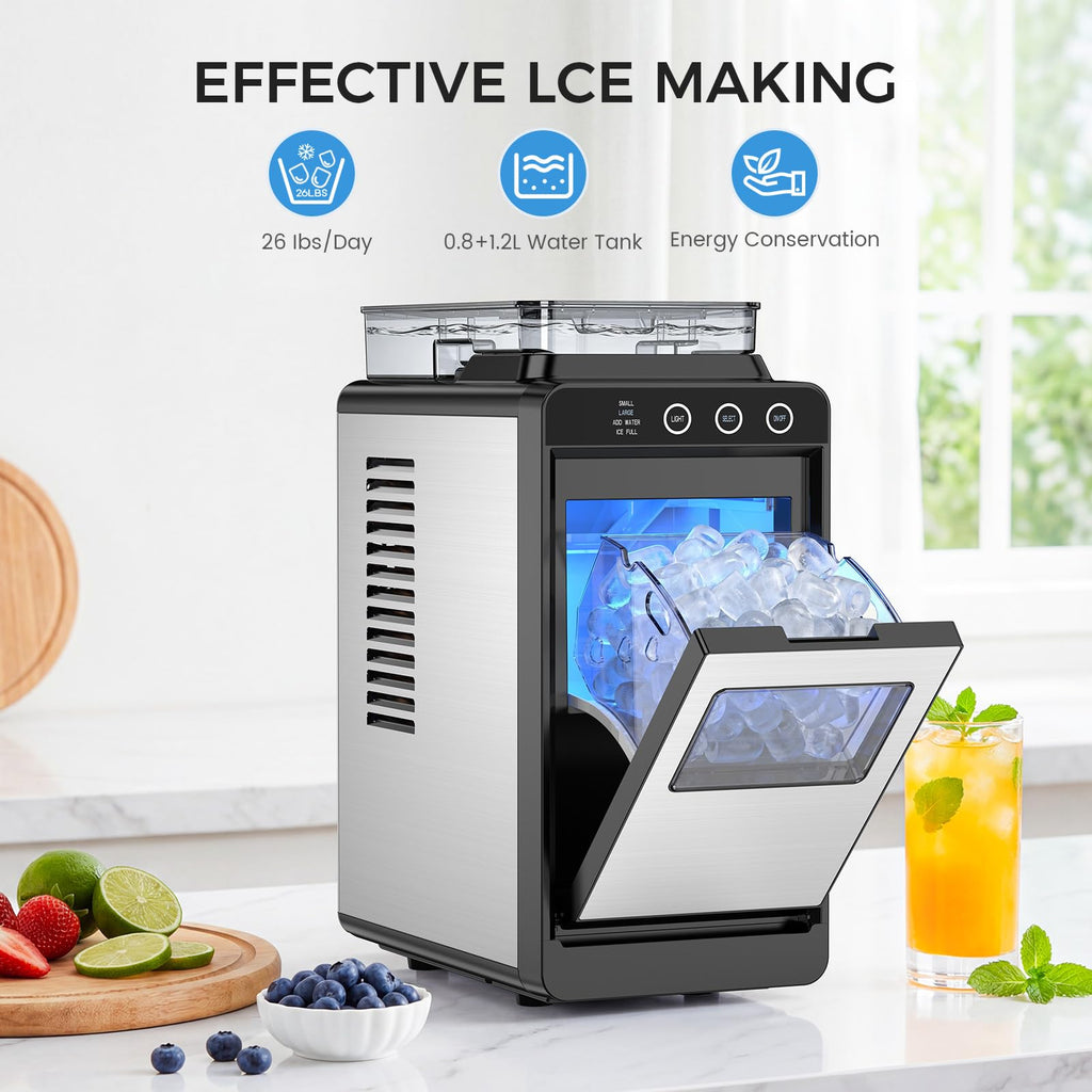 COWSAR Ice Maker Countertop, Portable Ice Machine with Self-Cleaning, 26.5 lbs/24Hrs, 8 Ice Cubes in 6 Mins, Ice Basket and Scoop, Ideal for Home, Kitchen, Bar, Camping