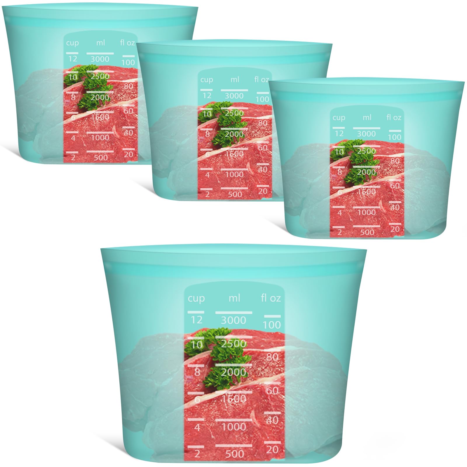 Reusable Food Bags, 12 Pack 100% Silicone Food Storage Bags Stand Up Zip Lock Container, Freezer Microwave Oven Dishwasher Safe, 4 Medium 4 Small 4 Extra Small, Aqua