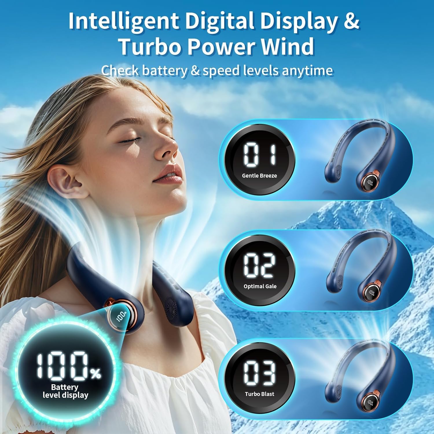 Portable Neck Fan with 6000mAh USB - Rechargeable Battery, Ultra-Light Bladeless Neck Fan LED Display, 360° Cooling Wearable Fan, 3 Speeds-Black