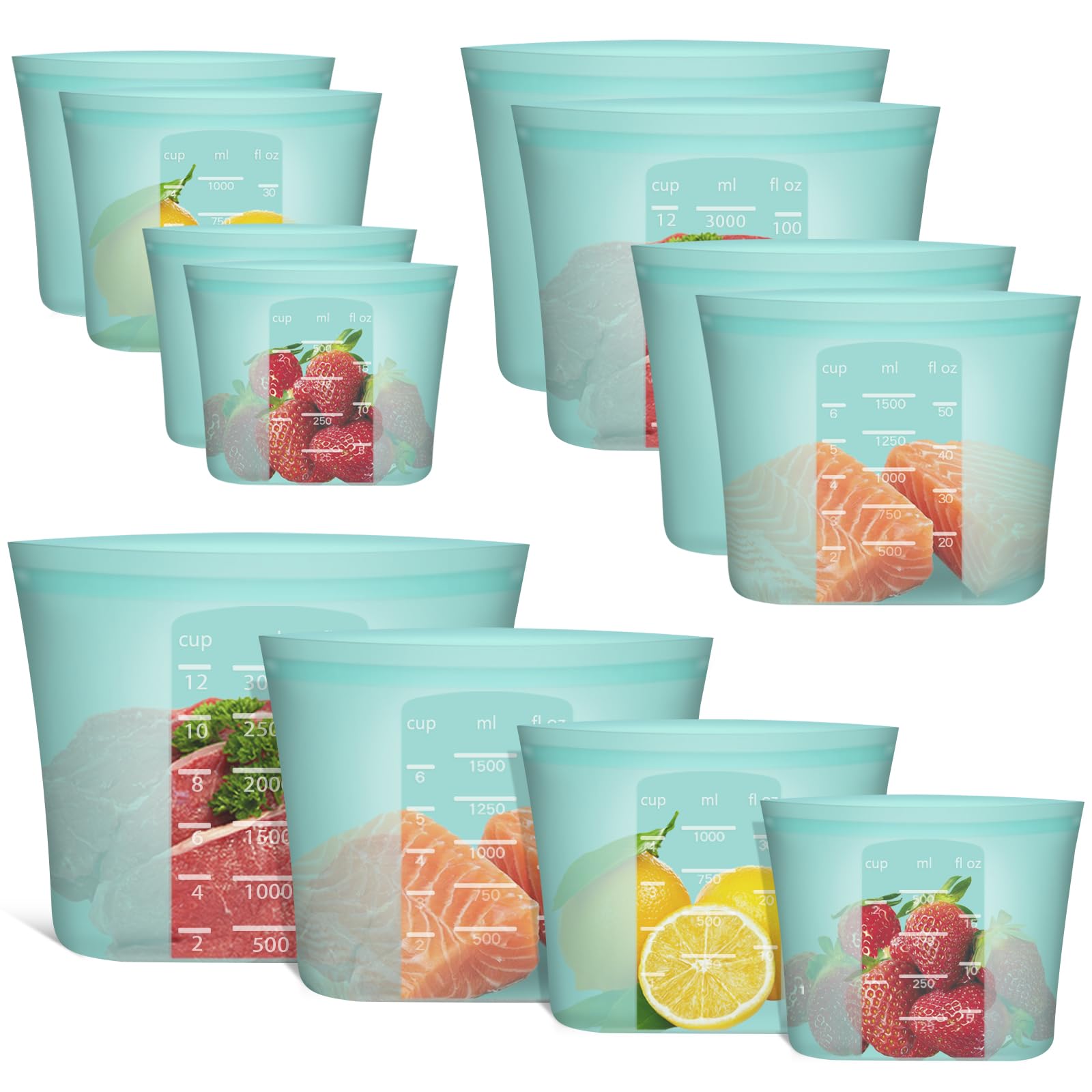 Reusable Food Bags, 12 Pack 100% Silicone Food Storage Bags Stand Up Zip Lock Container, Freezer Microwave Oven Dishwasher Safe, 4 Medium 4 Small 4 Extra Small, Aqua