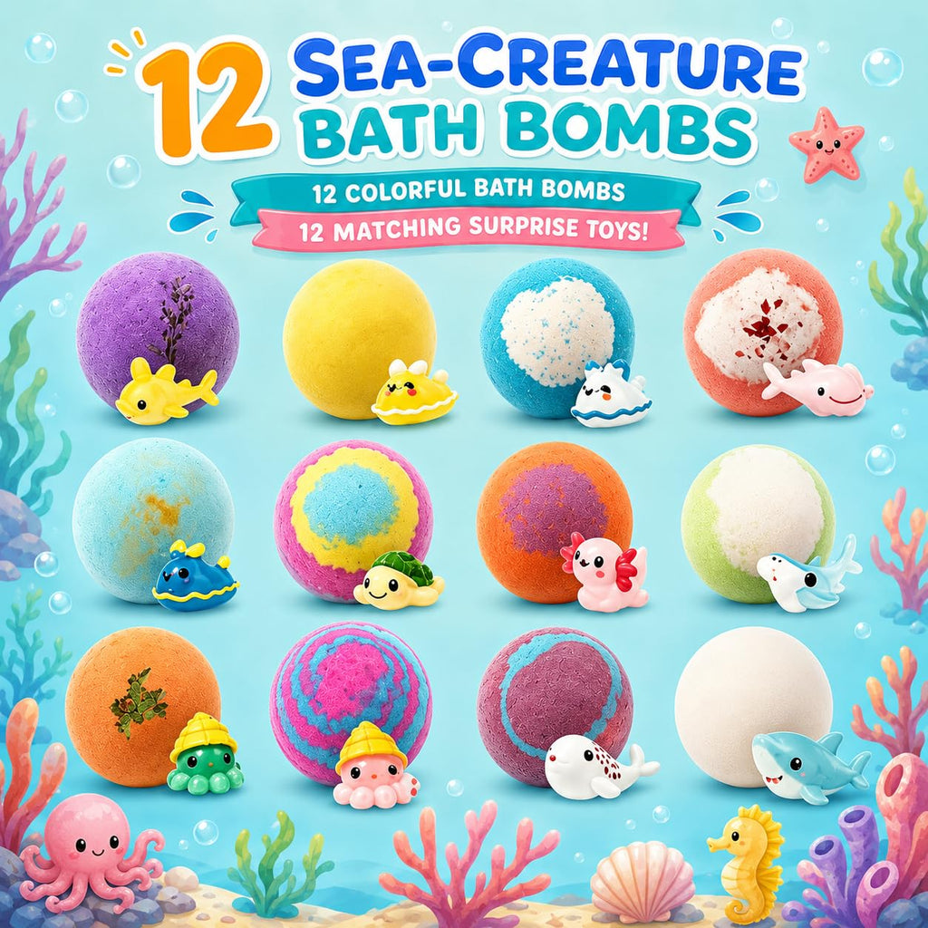 Bath Bombs with Toys Inside, 12 Pack Kids Bath Bombs with Surprise Inside, Play Fizz Bubble Bath Ball, Natural Organic Non Toxic Bath Bomb Gift Set for Boys Girls Toddler (Sea Animal)