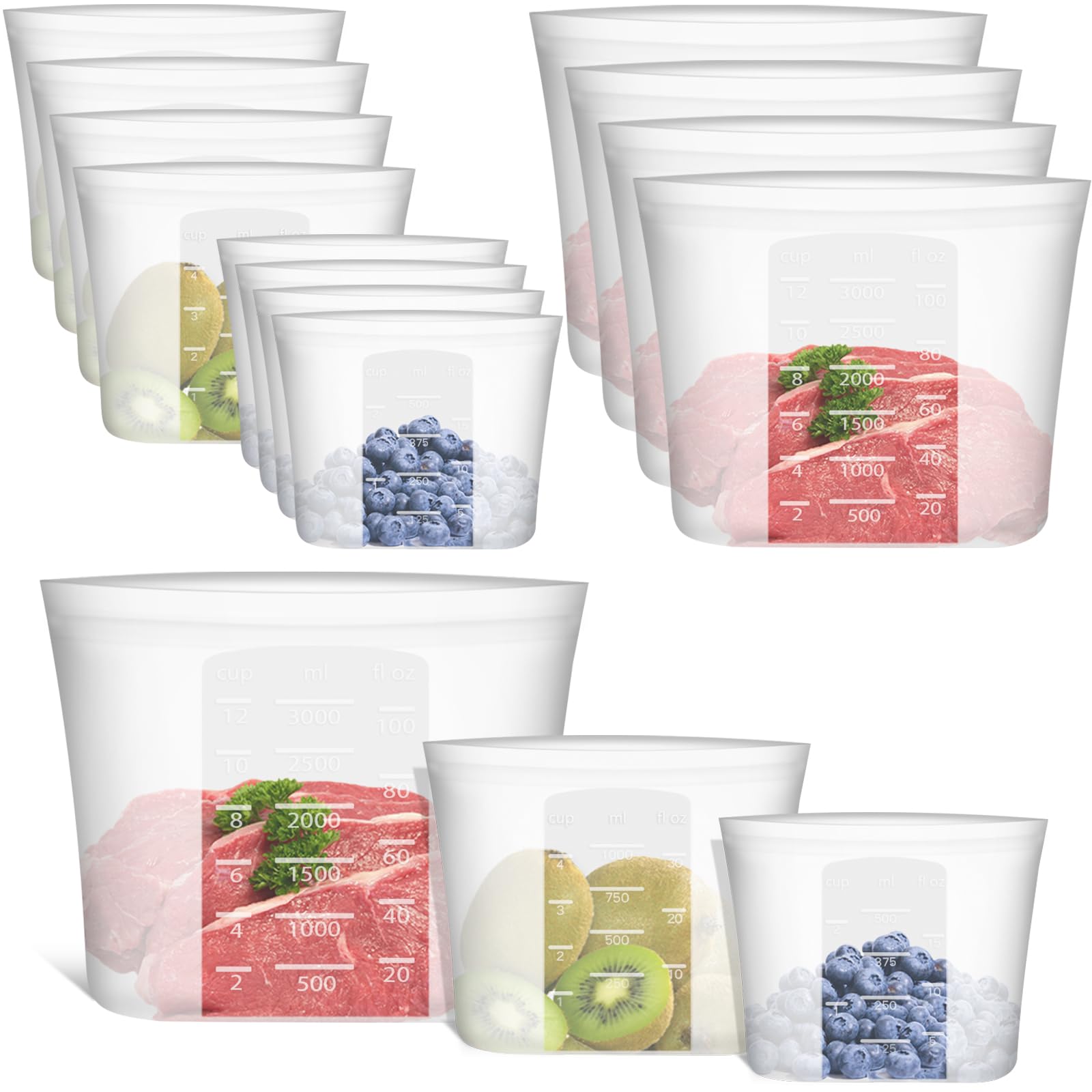 Reusable Food Bags, 12 Pack 100% Silicone Food Storage Bags Stand Up Zip Lock Container, Freezer Microwave Oven Dishwasher Safe, 4 Medium 4 Small 4 Extra Small, Aqua