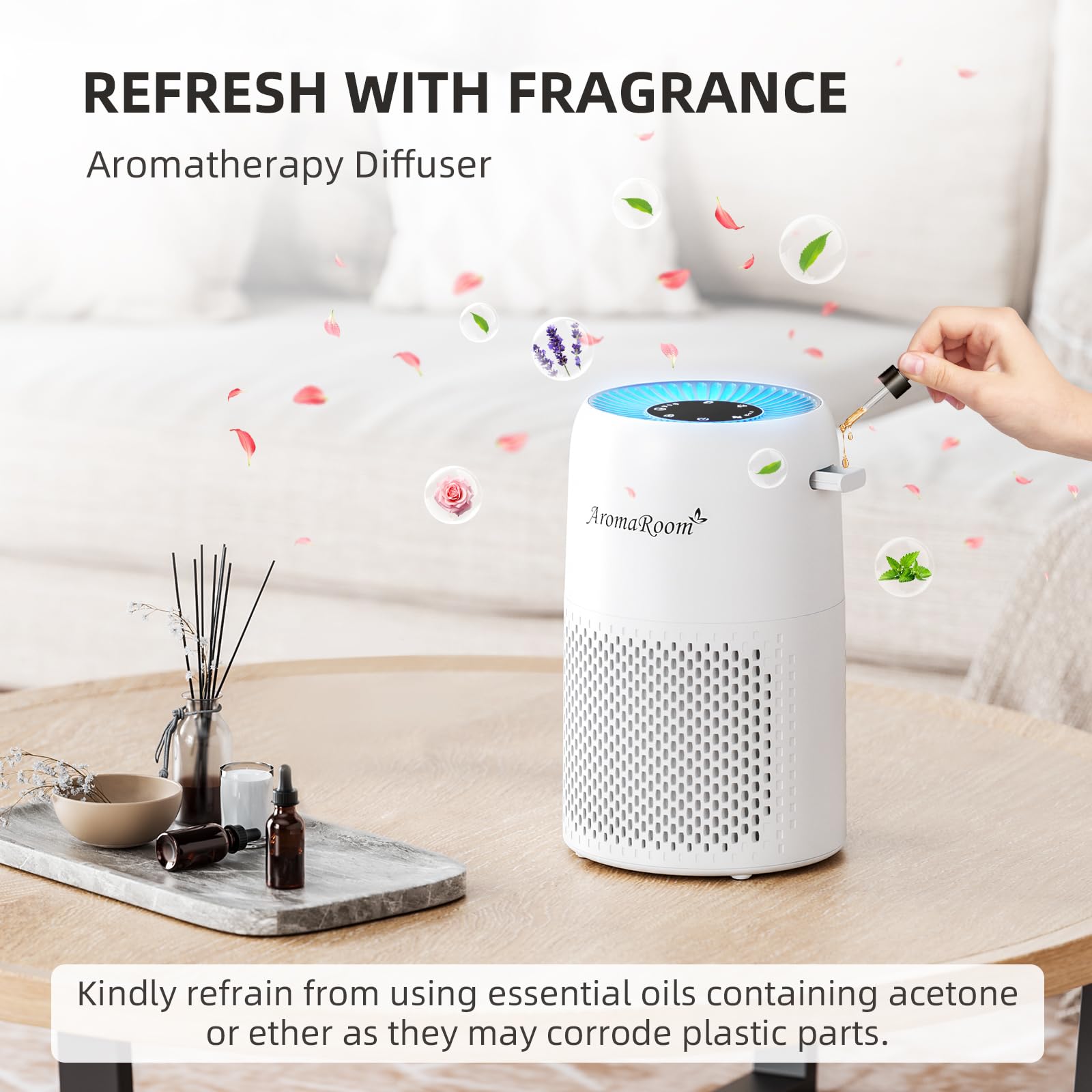 Air Purifier for Home Bedroom, AromaRoom H13 HEPA Air Filter For Smoke Pollen Dander Hair Smell Air Cleaner, 3-in-1 Filter with Sleep Mode, Quiet Air Cleaner For Pets, Home, Baby Room (White)