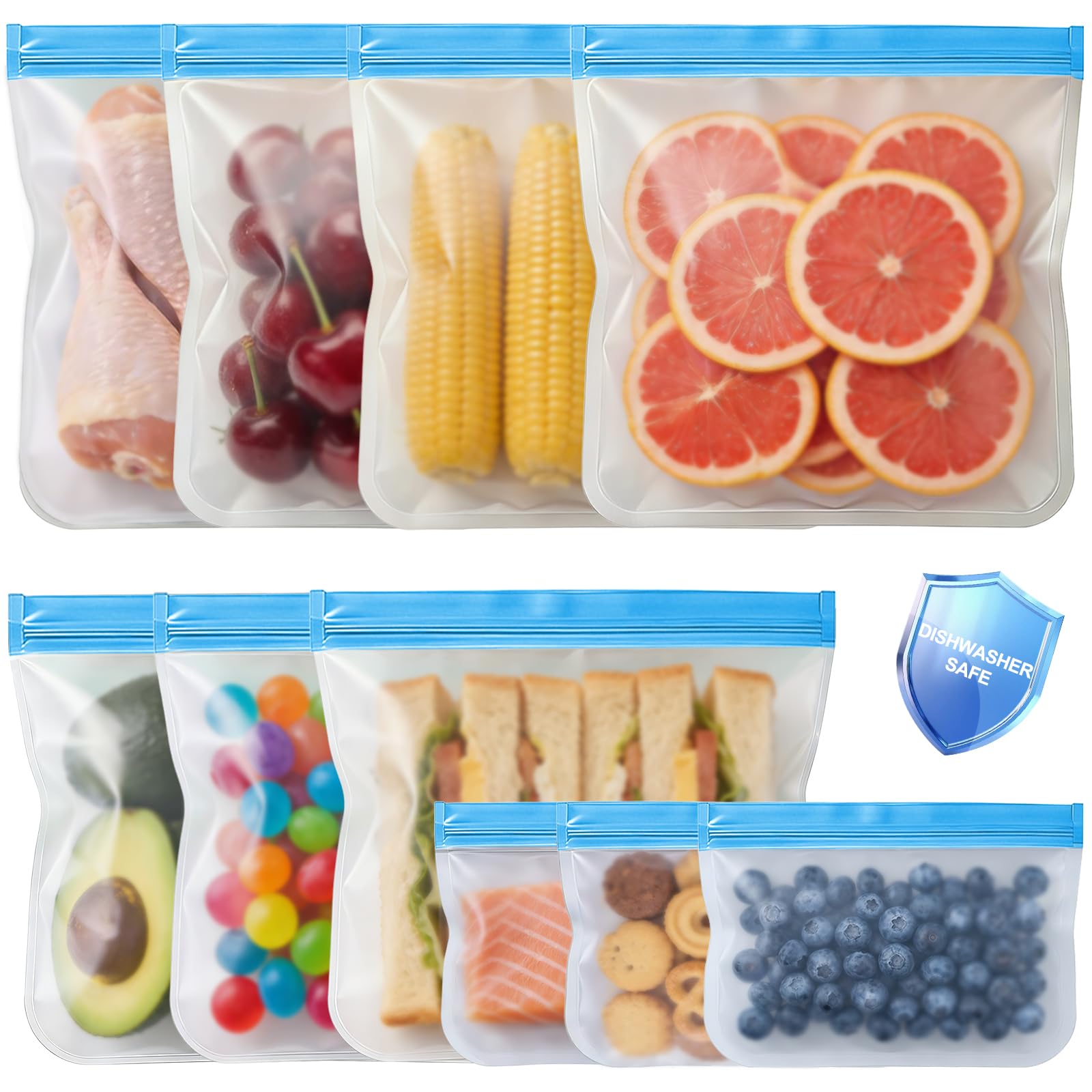 10 Pack Reusable Freezer Bags, Leakproof Reusable Silicone Food Storage Bags BPA Free Contaizers, Snack Sandwich Gallon Bags for Meal Prep, Marinate Meat, Salad Fruit, Veggies, Lunch, Travel, Kitchen