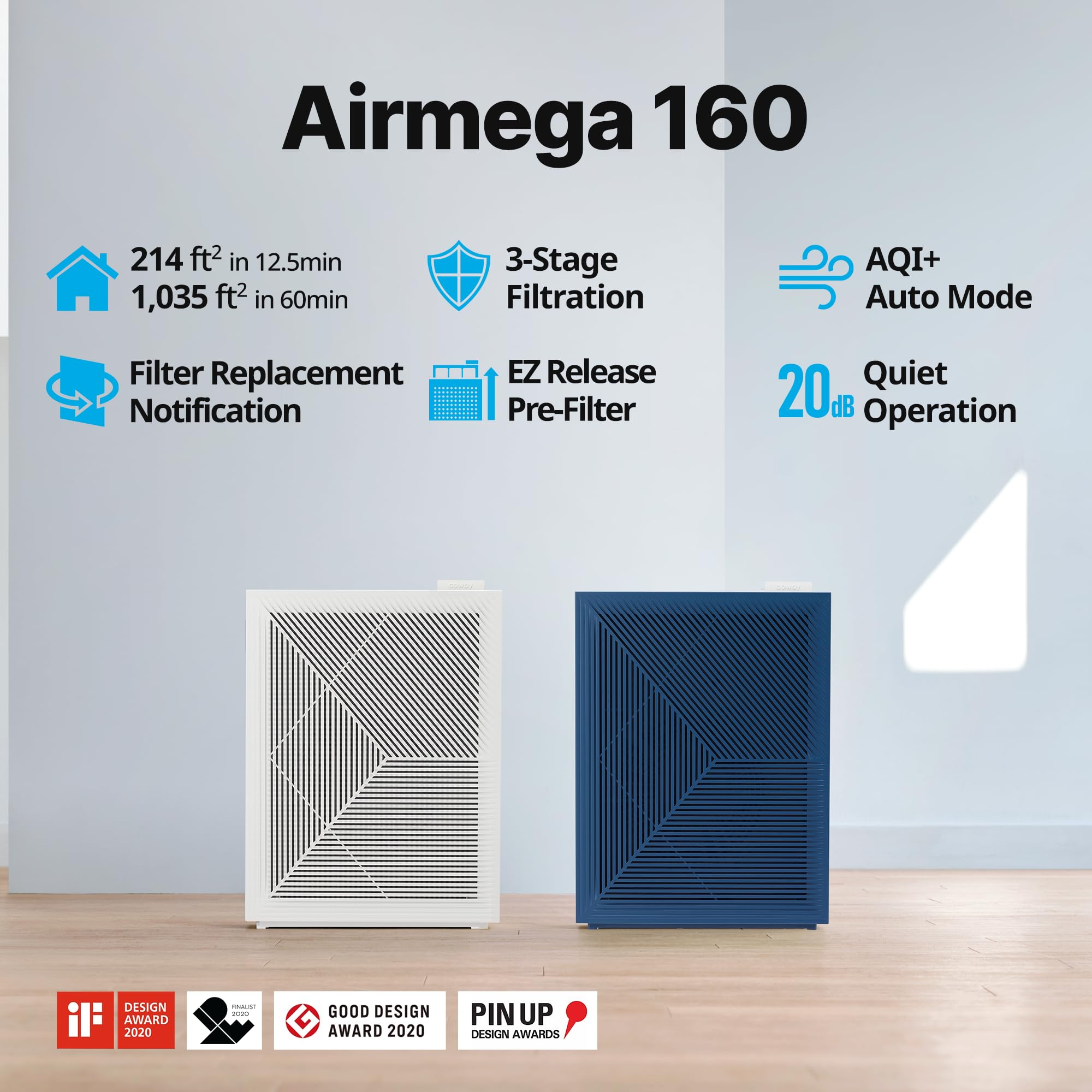 COWAY Air Purifiers for Home Bedroom up to 1,035ft² with HEPA Filter, Carbon Filter, Washable Filter for Smoke, Pollen, Dander, with Air Quality Monitor, Auto Mode, 3yr Warranty, Airmega 150 Green